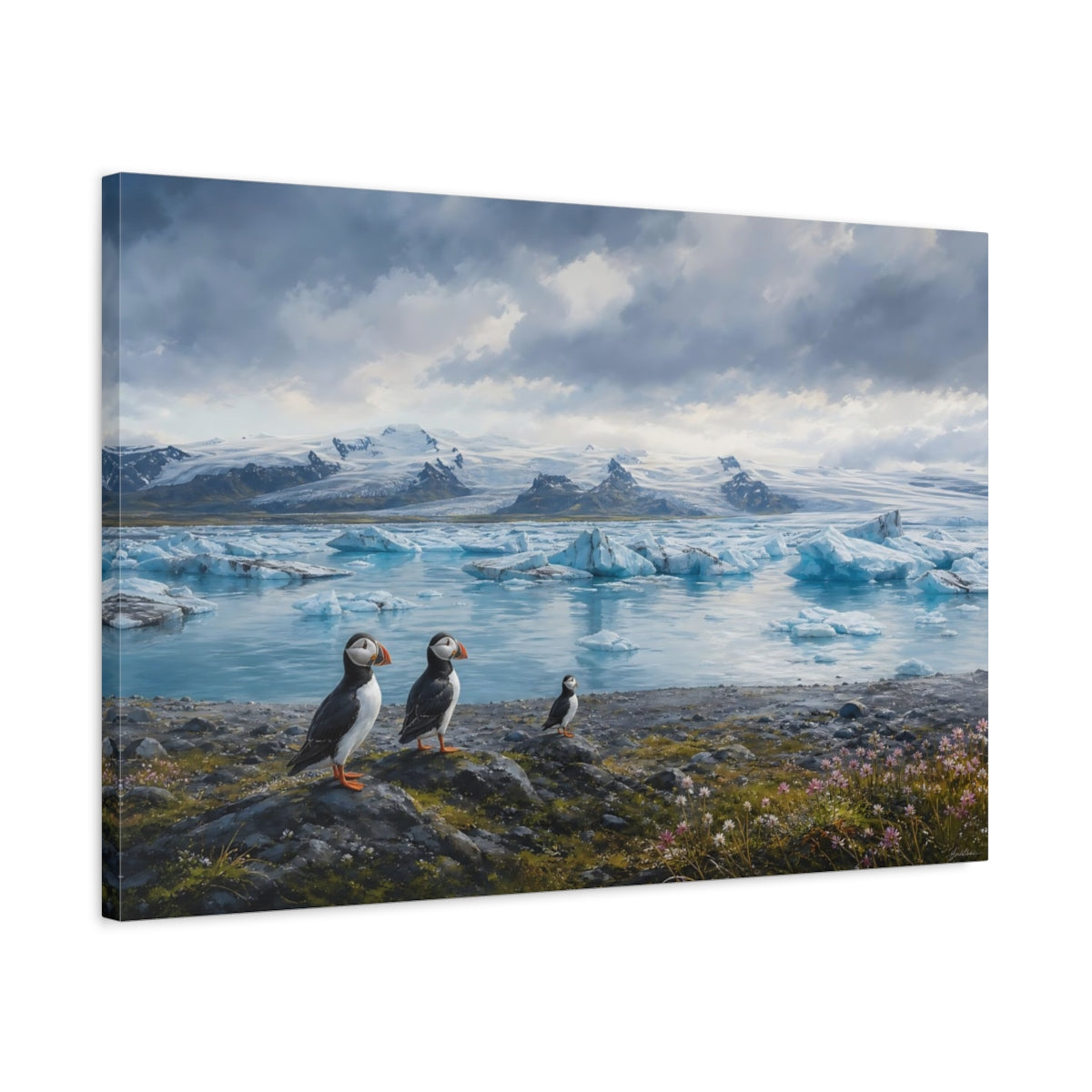 Side Mockup 2. Birds Puffins Blue And White shown as stretched canvas wall art