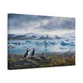 Side Mockup 4. Birds Puffins Blue And White shown as stretched canvas wall art