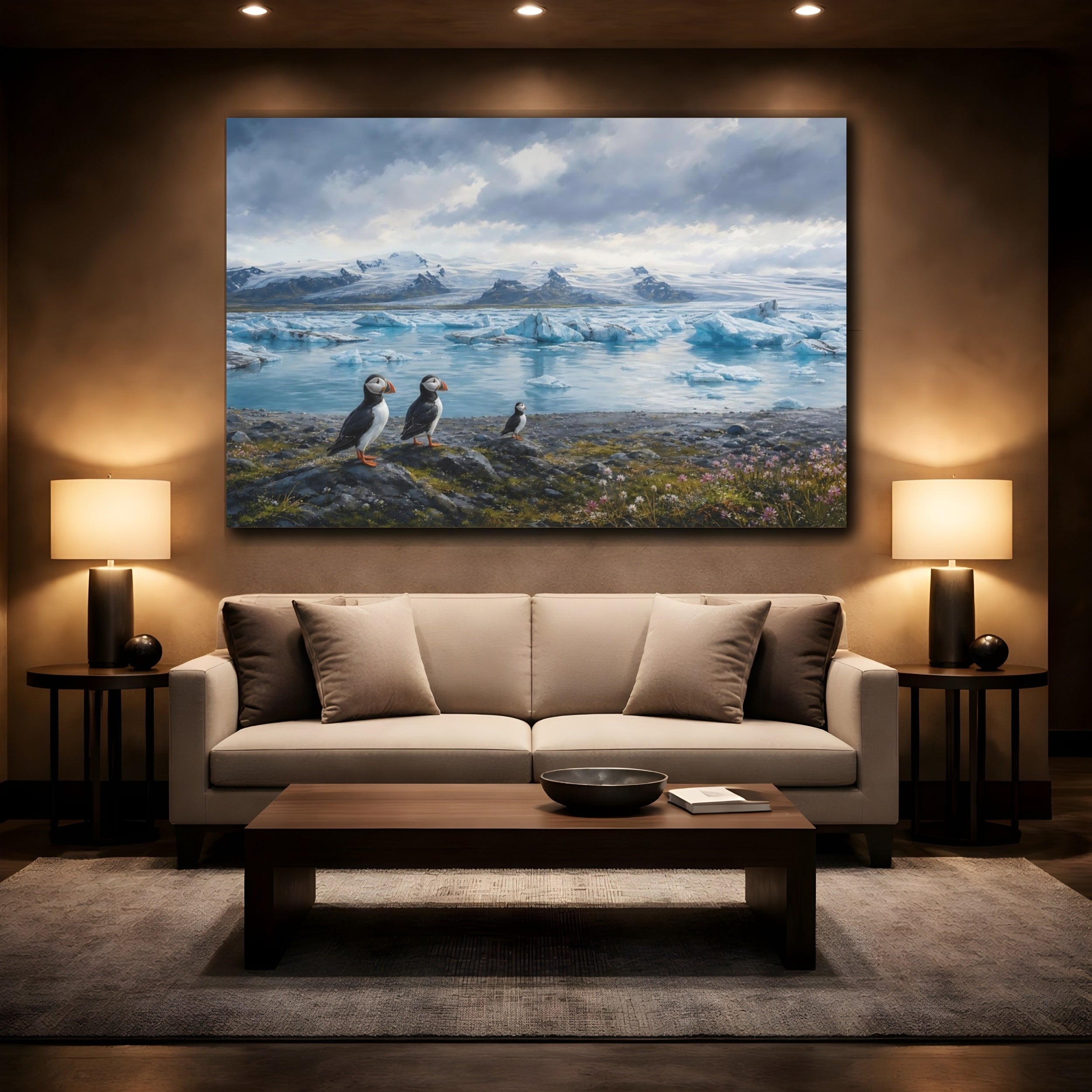 Mockup 2. Birds Puffins Blue And White shown as stretched canvas wall art