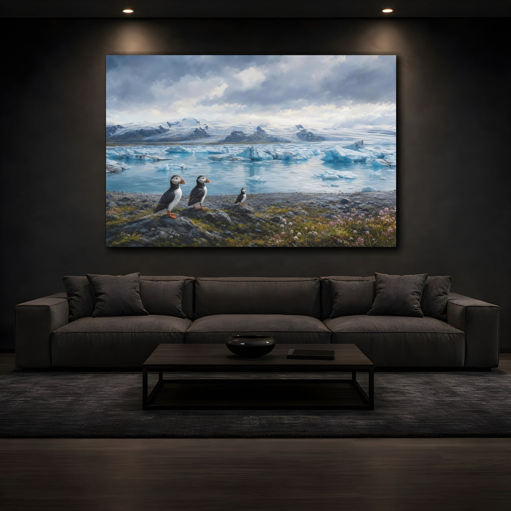 Mockup 3. Birds Puffins Blue And White shown as stretched canvas wall art
