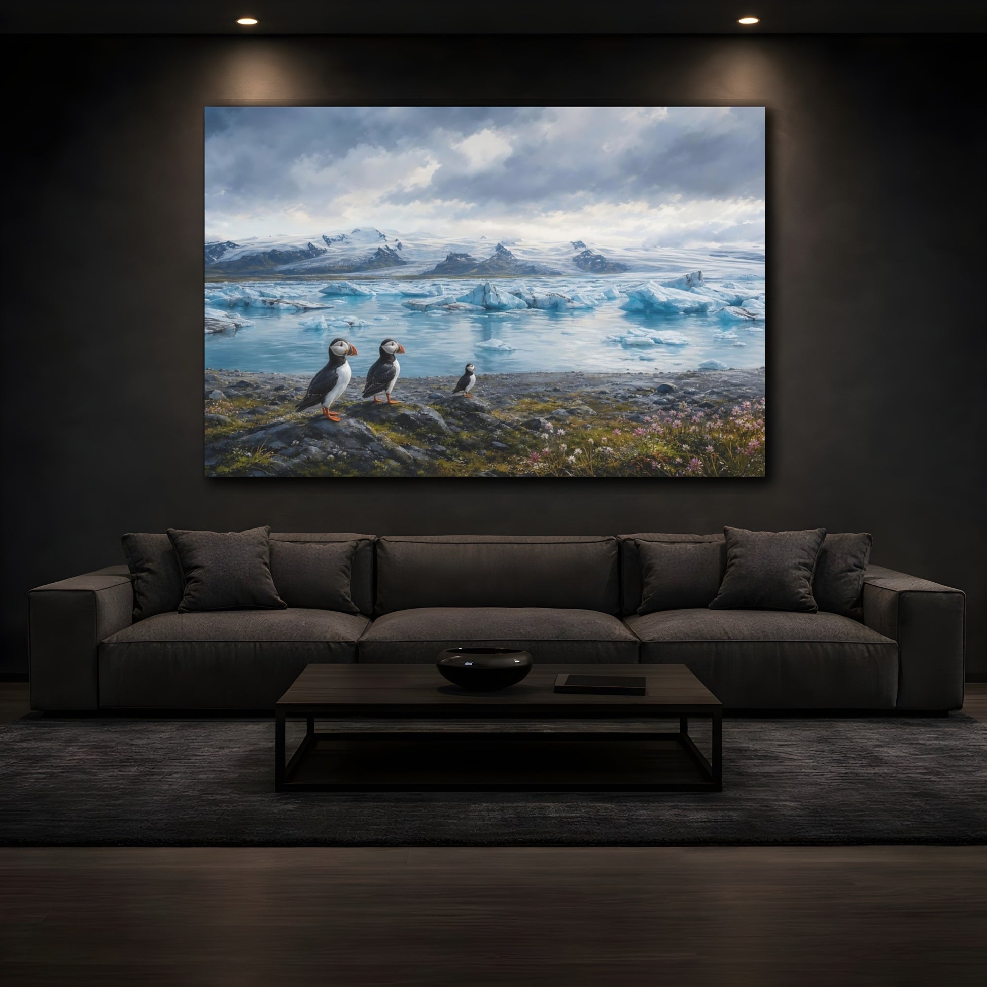 Mockup 3. Birds Puffins Blue And White shown as stretched canvas wall art