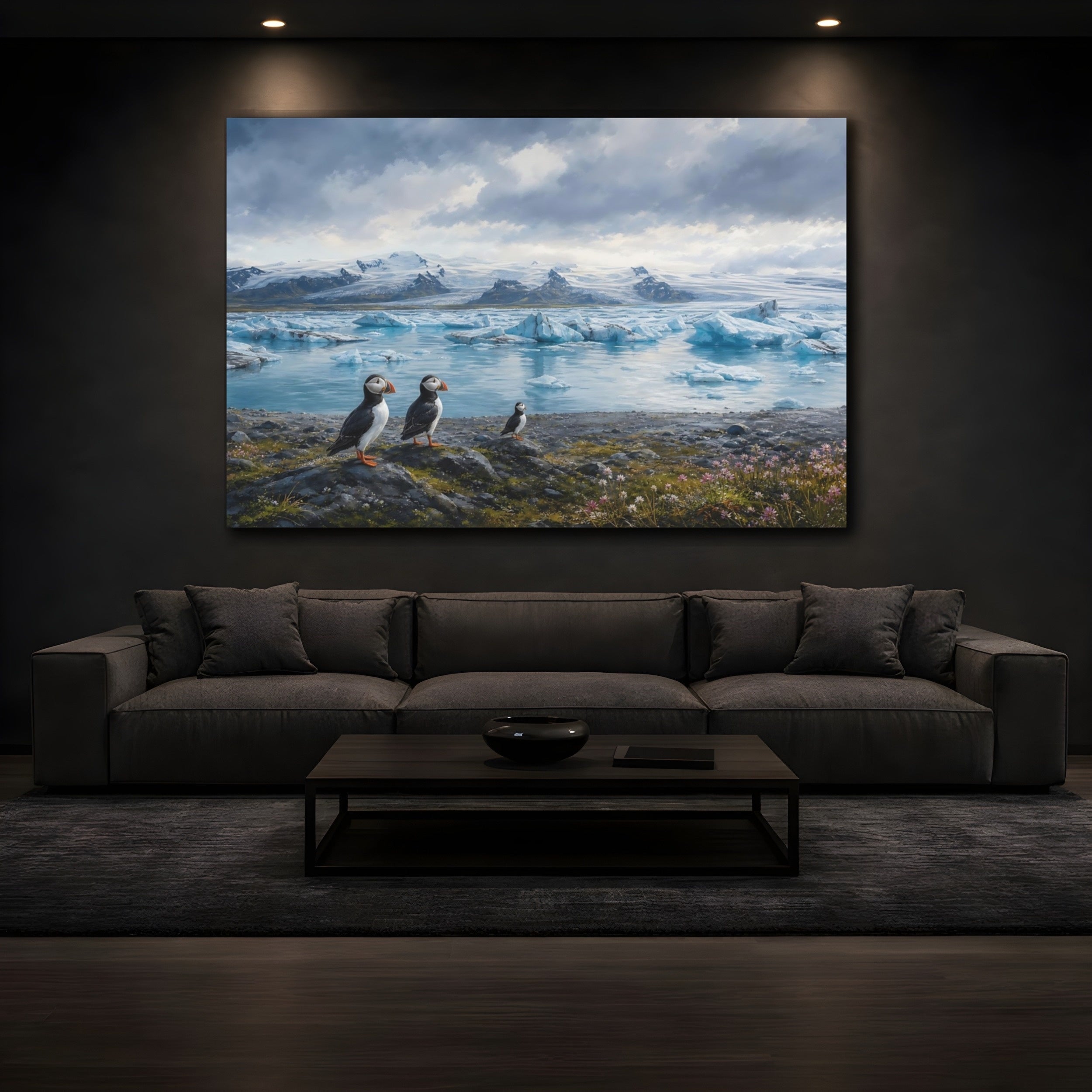 Mockup 3. Birds Puffins Blue And White shown as stretched canvas wall art