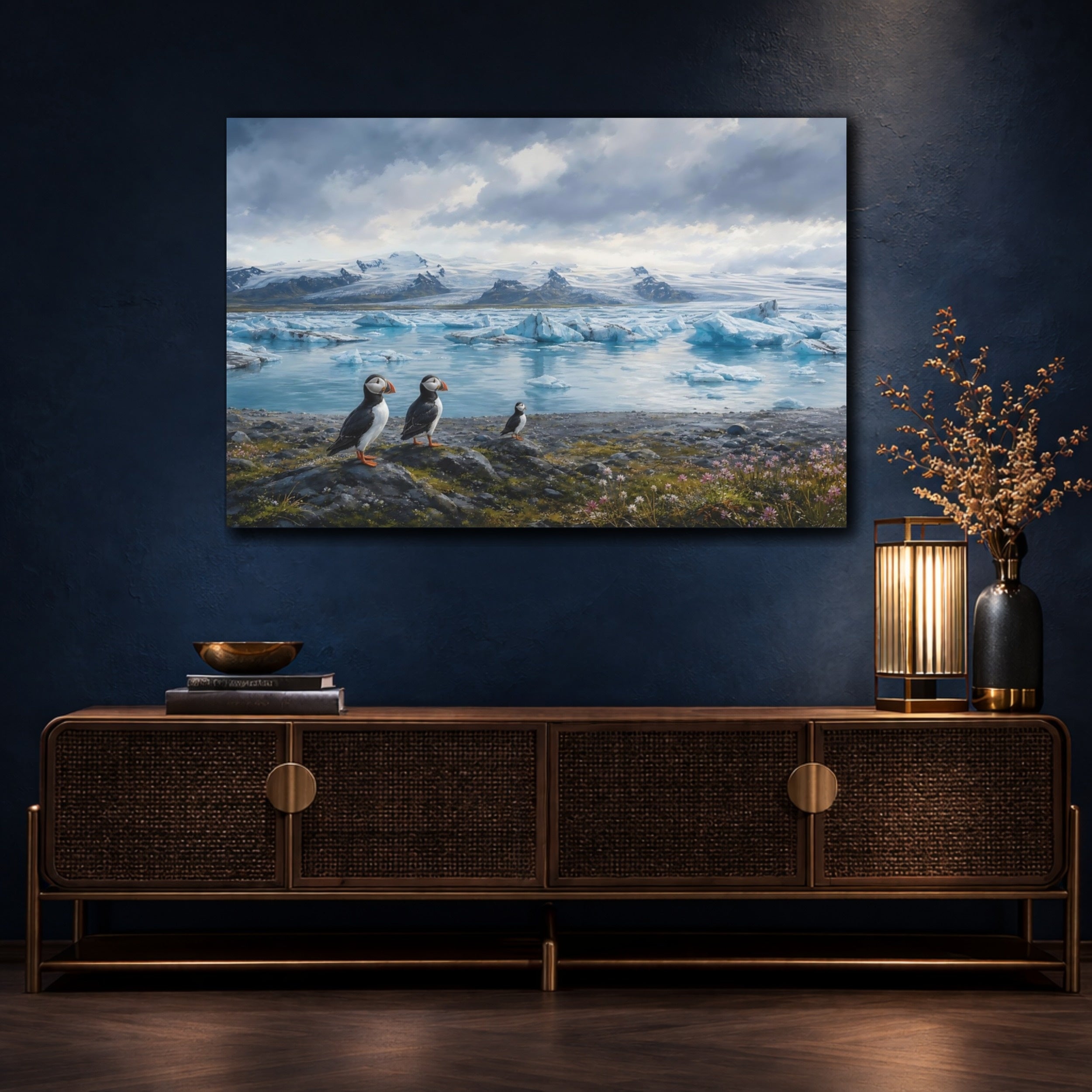Mockup 4. Birds Puffins Blue And White shown as stretched canvas wall art