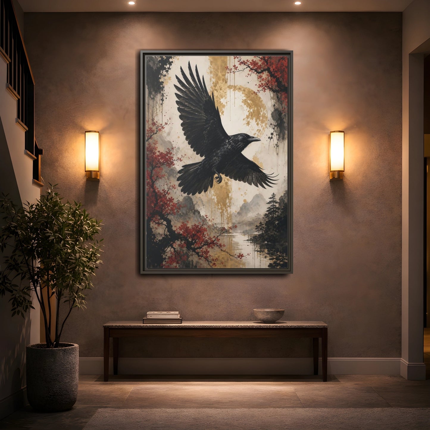 Birds Raven Black Framed Canvas Wall Art - Living Room Decor, Above Console Table shown as canvas wall art