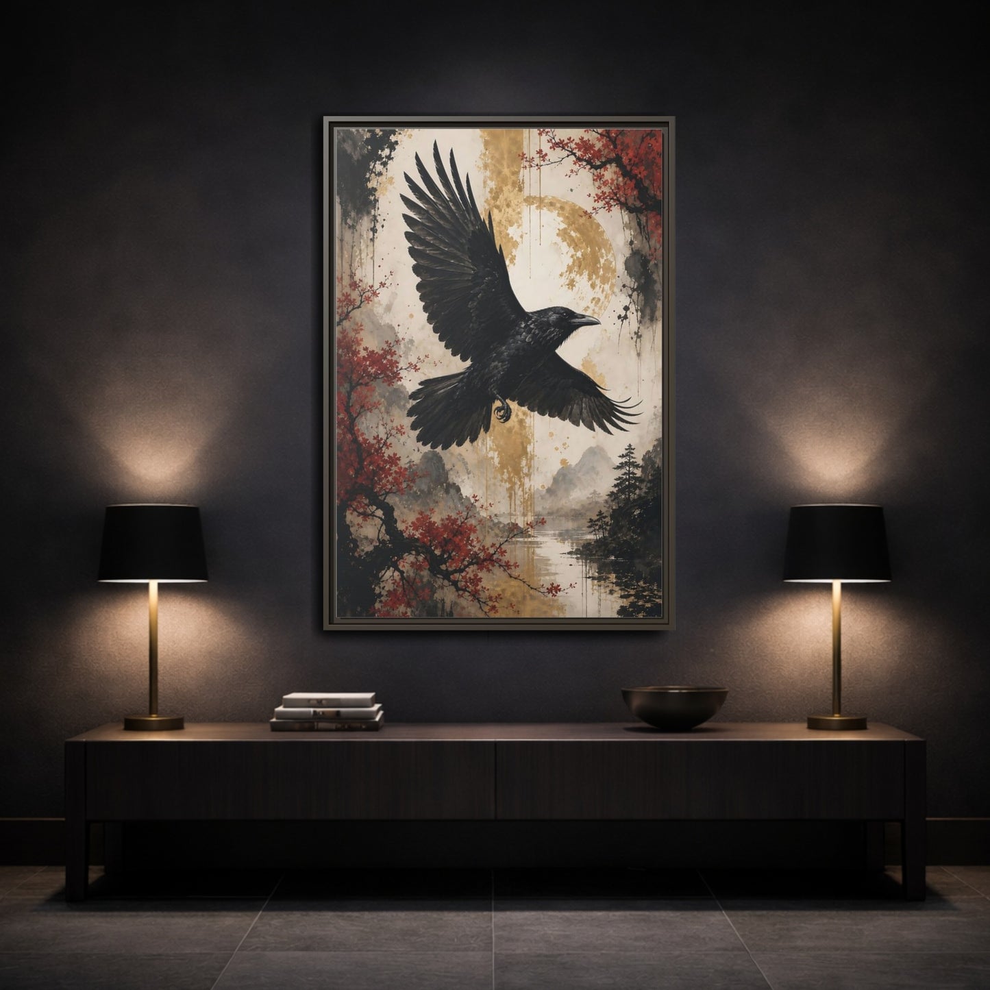 Birds Raven Black Framed Canvas Wall Art - Living Room Decor, Above Console Table shown as canvas wall art