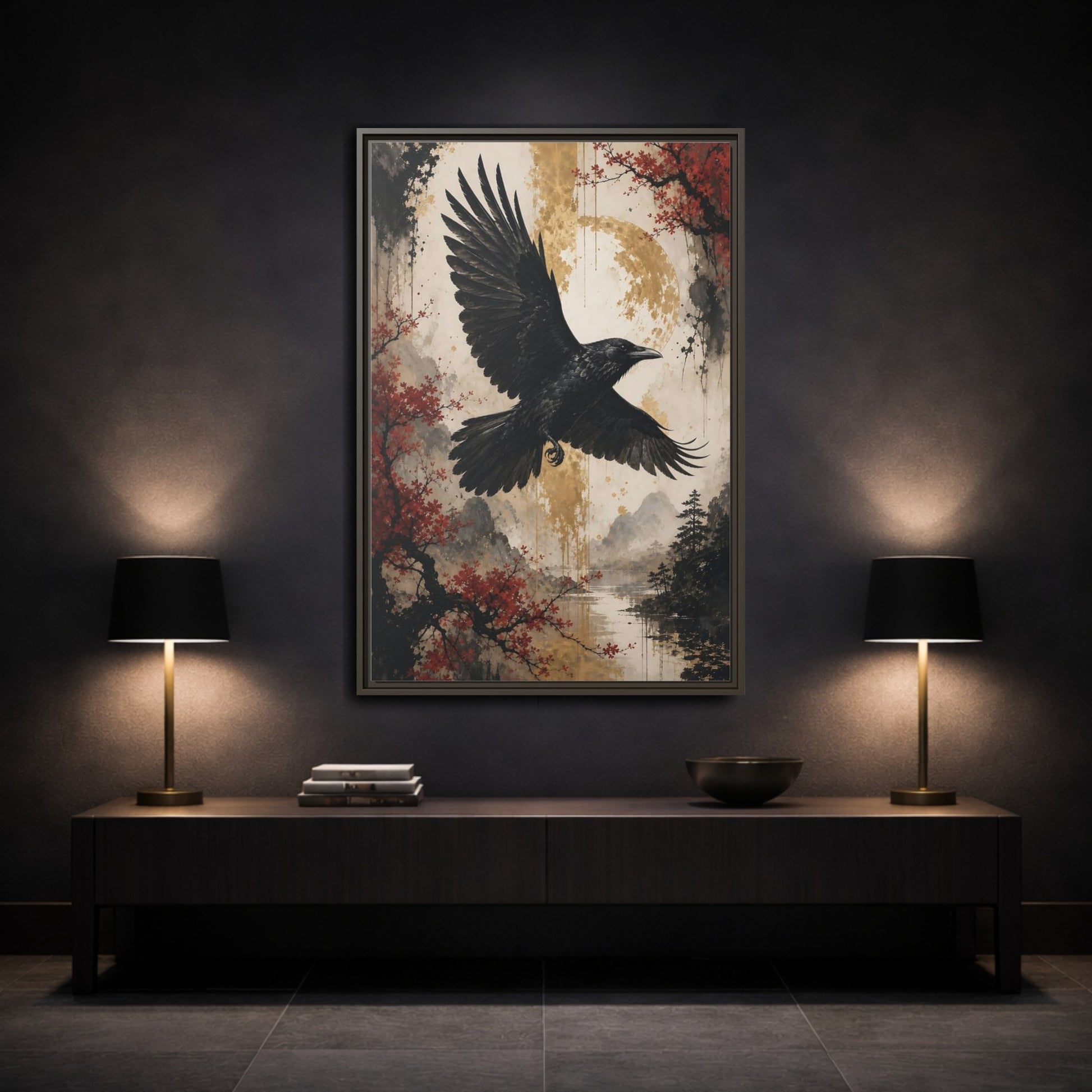 Birds Raven Black Framed Canvas Wall Art - Living Room Decor, Above Console Table shown as canvas wall art