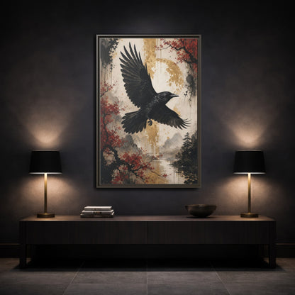 Birds Raven Black Framed Canvas Wall Art - Living Room Decor, Above Console Table shown as canvas wall art