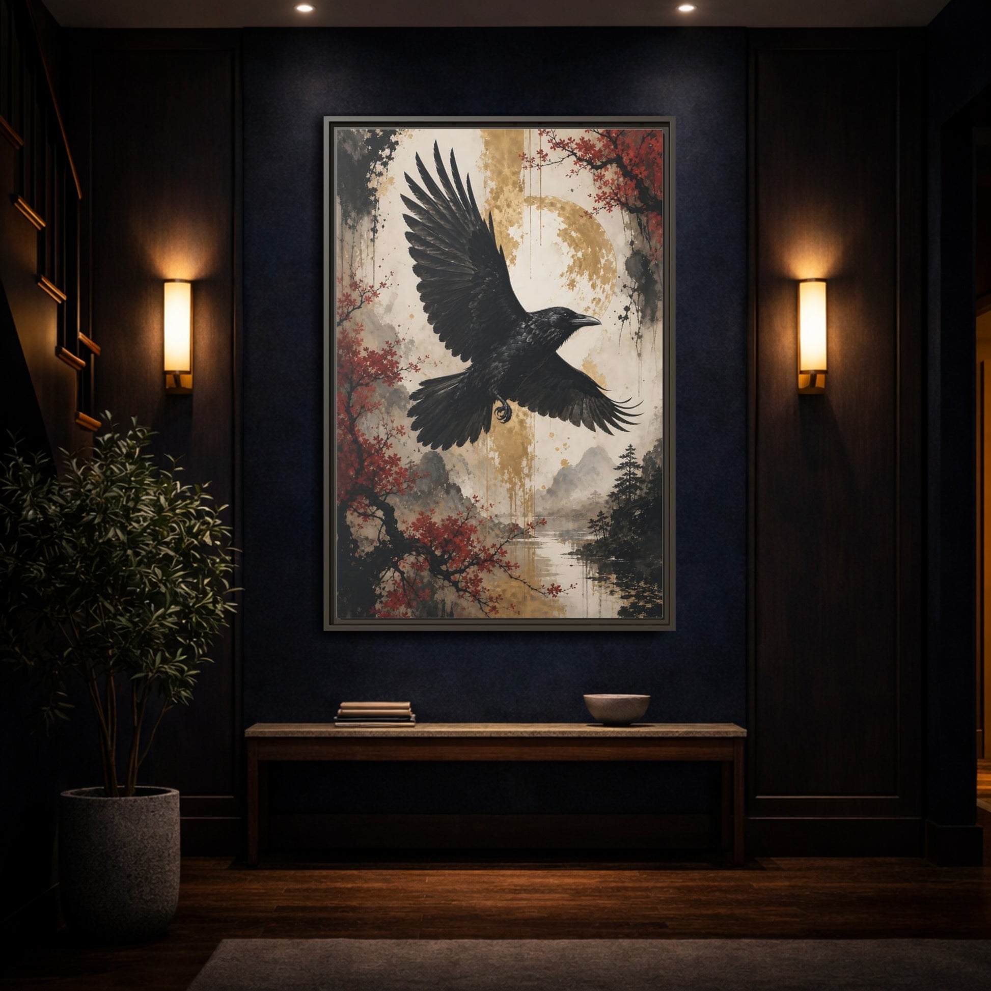 Birds Raven Black Framed Canvas Wall Art - Living Room Decor, Above Console Table shown as canvas wall art