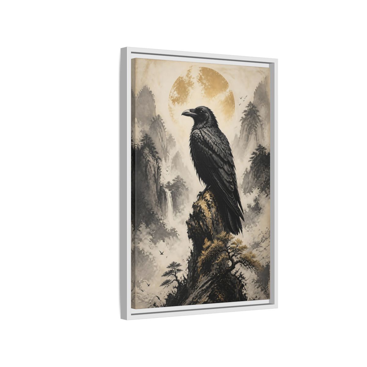 Side Mockup 1. Birds Raven Raven Golden Mountains shown as stretched canvas wall art