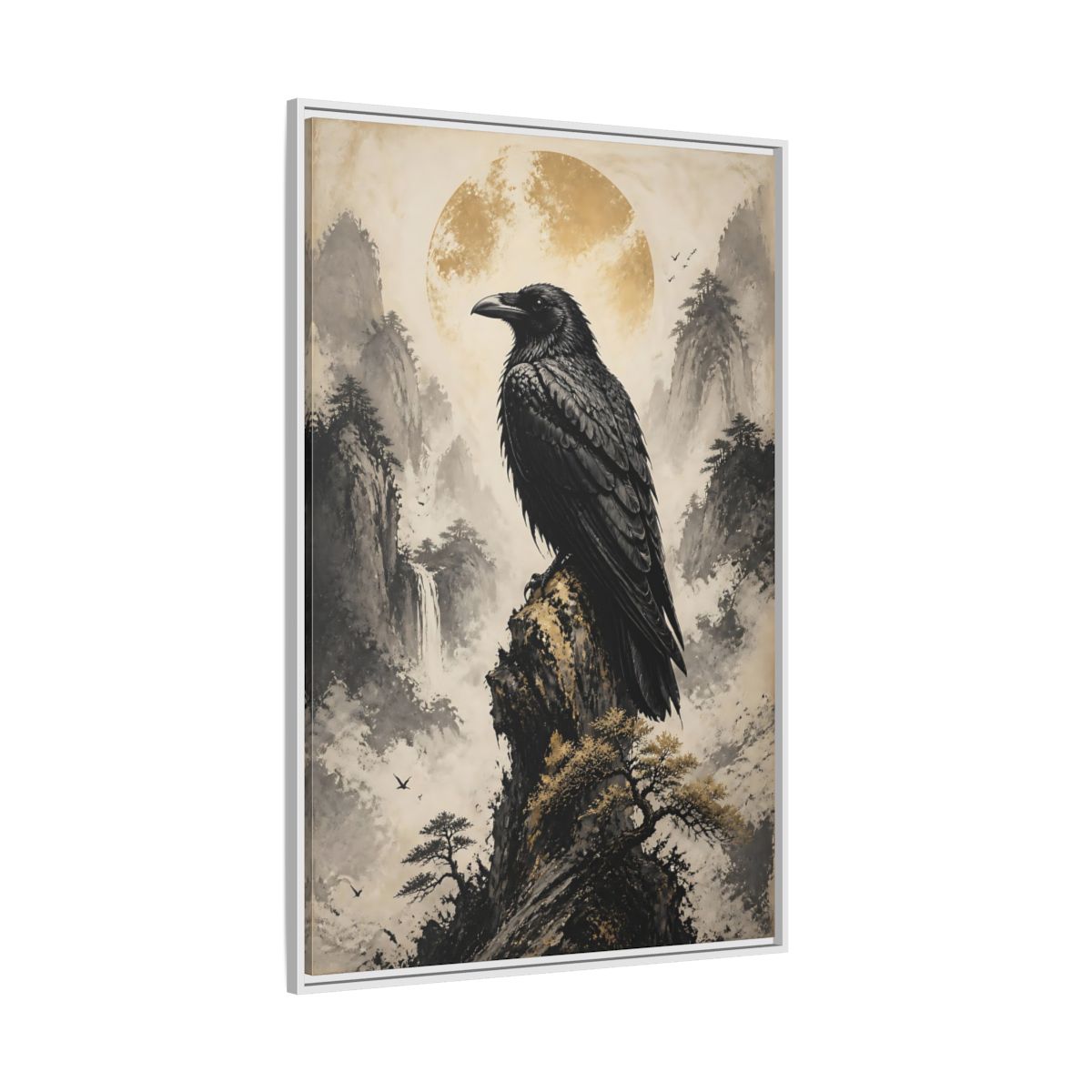 Side Mockup 7. Birds Raven Raven Golden Mountains shown as stretched canvas wall art