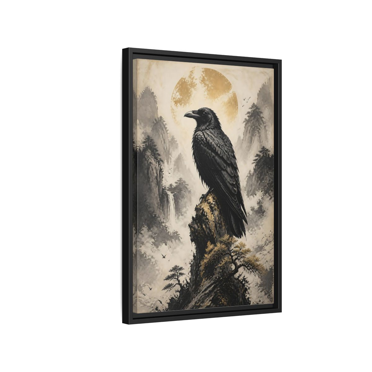 Side Mockup 3. Birds Raven Raven Golden Mountains shown as stretched canvas wall art