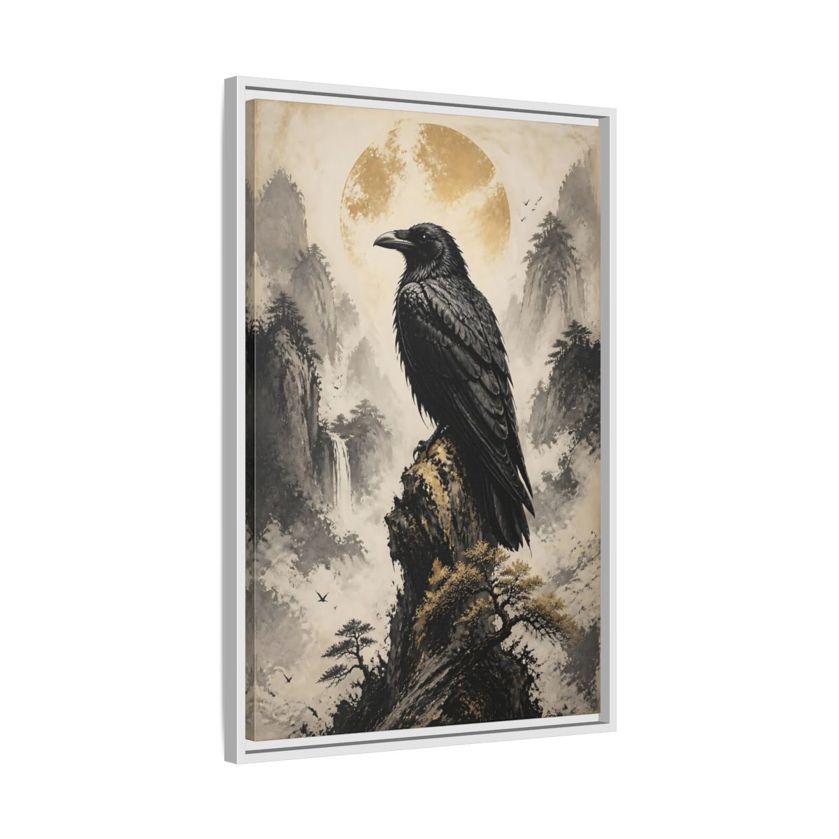 Side Mockup 10. Birds Raven Raven Golden Mountains shown as stretched canvas wall art