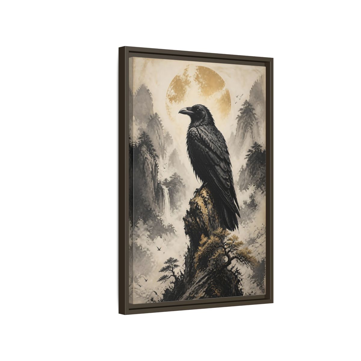 Side Mockup 2. Birds Raven Raven Golden Mountains shown as stretched canvas wall art