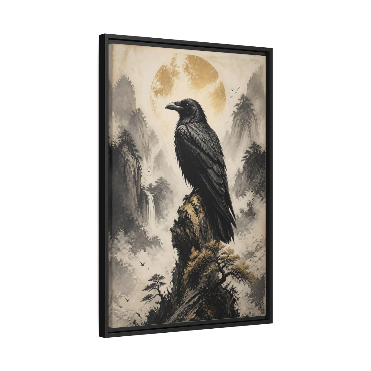 Side Mockup 14. Birds Raven Raven Golden Mountains shown as stretched canvas wall art