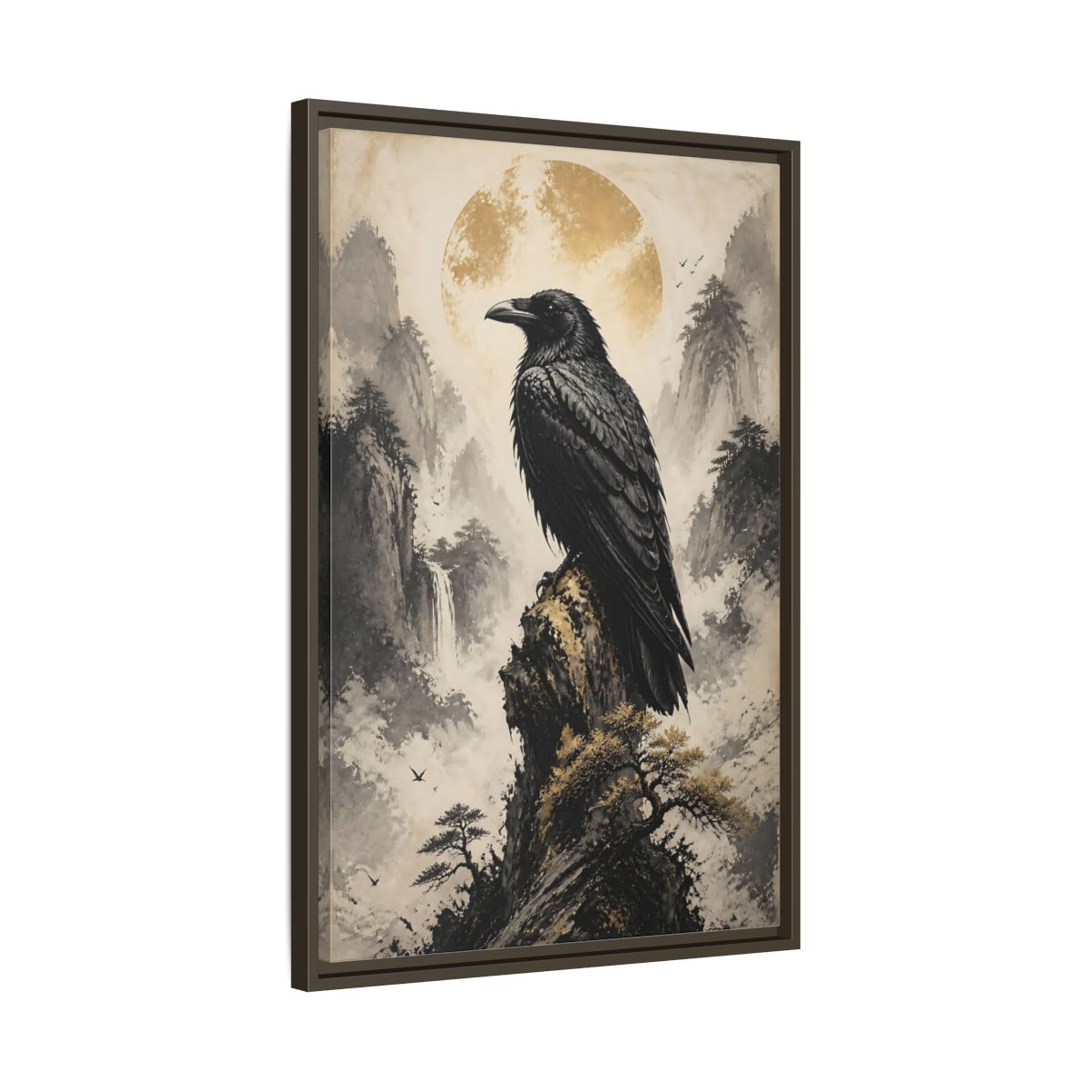 Side Mockup 11. Birds Raven Raven Golden Mountains shown as stretched canvas wall art
