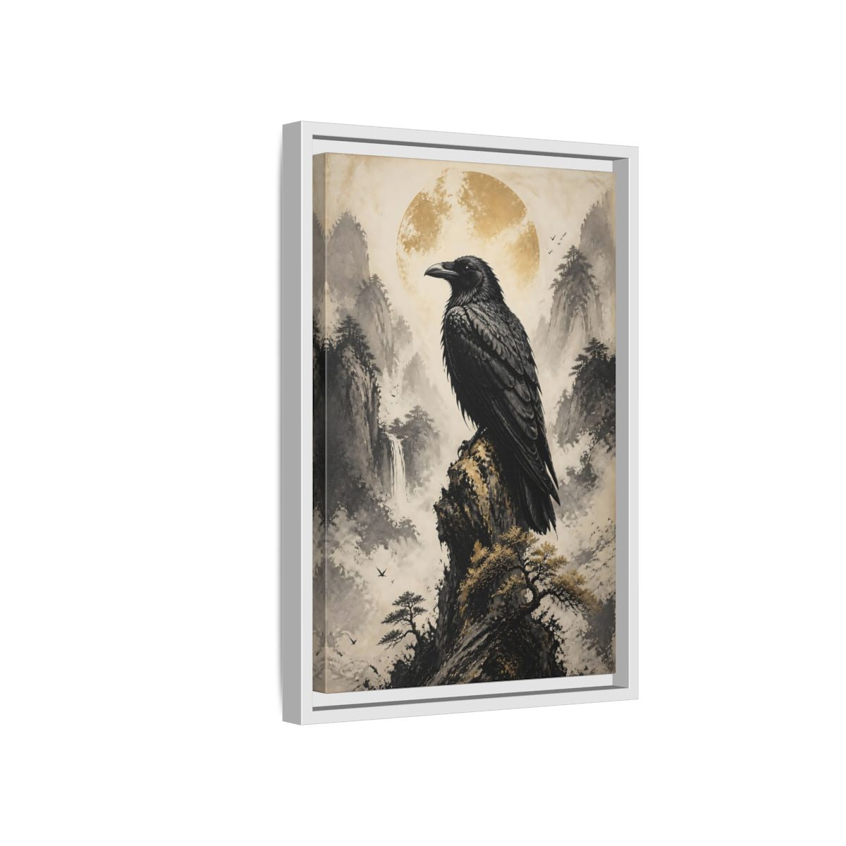 Side Mockup 4. Birds Raven Raven Golden Mountains shown as stretched canvas wall art