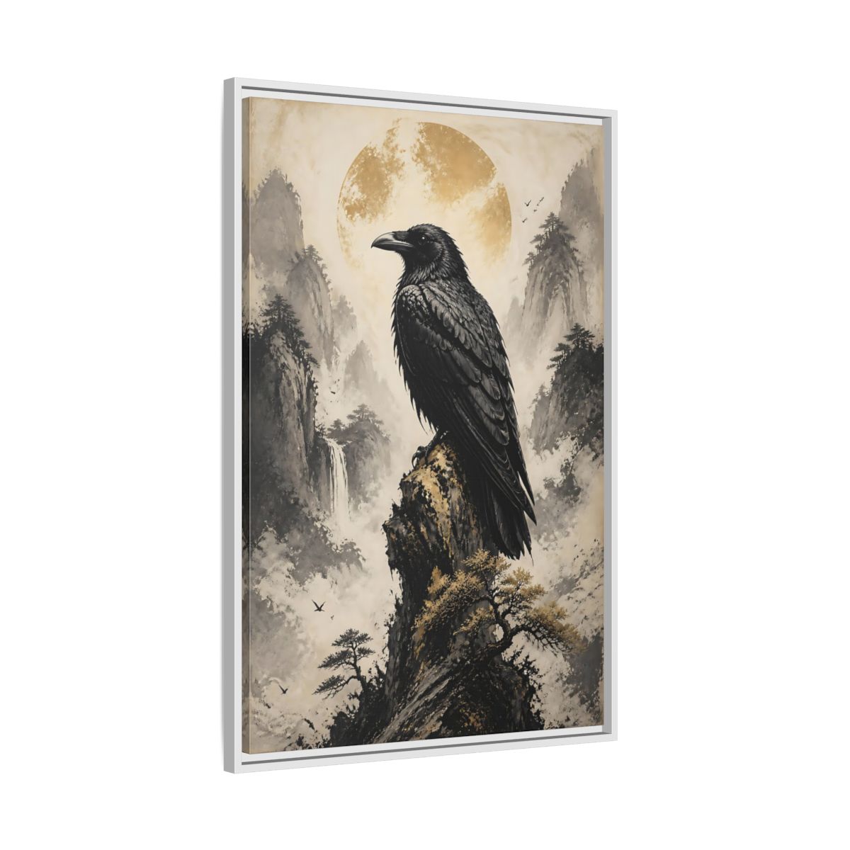 Side Mockup 9. Birds Raven Raven Golden Mountains shown as stretched canvas wall art