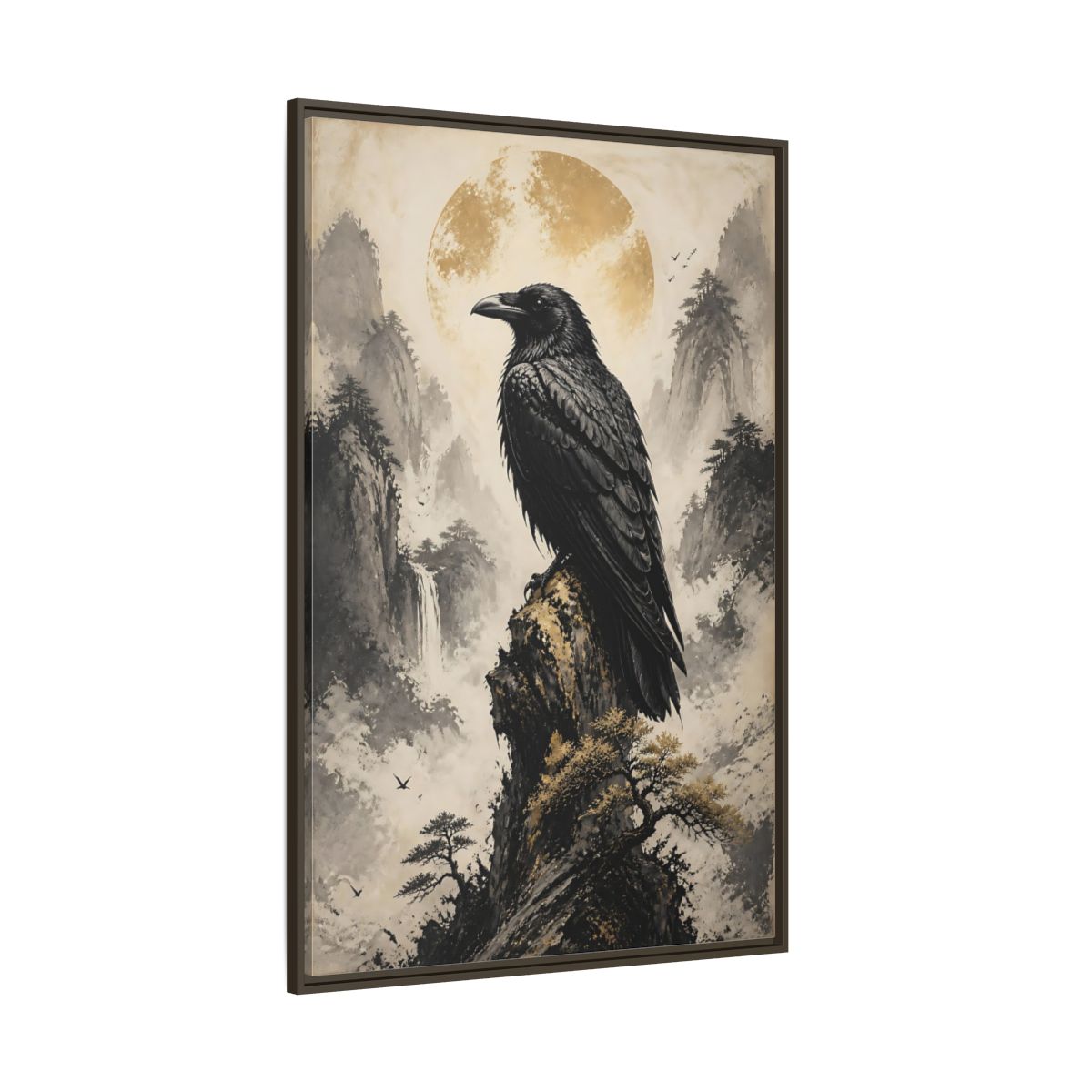 Side Mockup 8. Birds Raven Raven Golden Mountains shown as stretched canvas wall art
