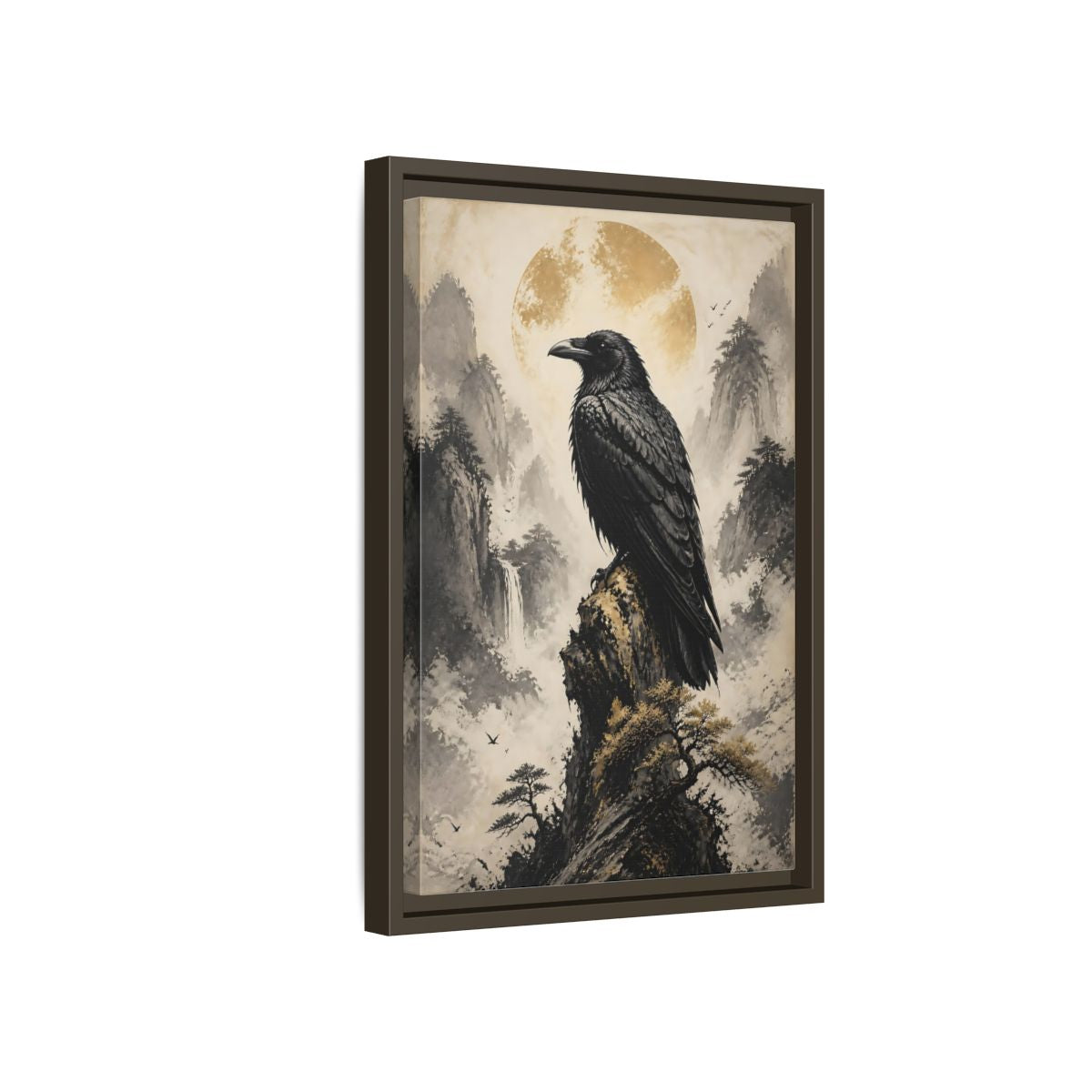 Side Mockup 5. Birds Raven Raven Golden Mountains shown as stretched canvas wall art