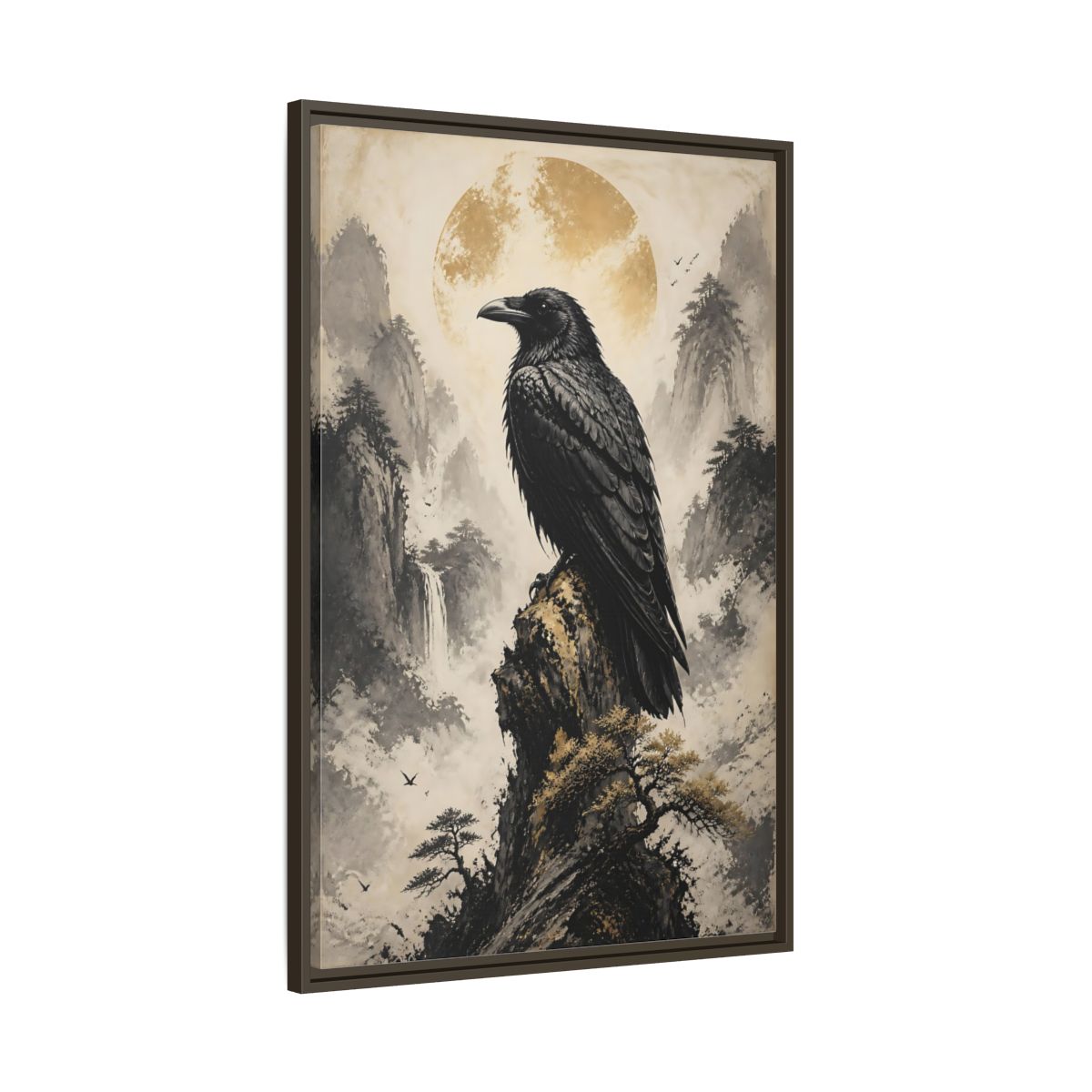 Main Mockup. Birds Raven Raven Golden Mountains shown as stretched canvas wall art