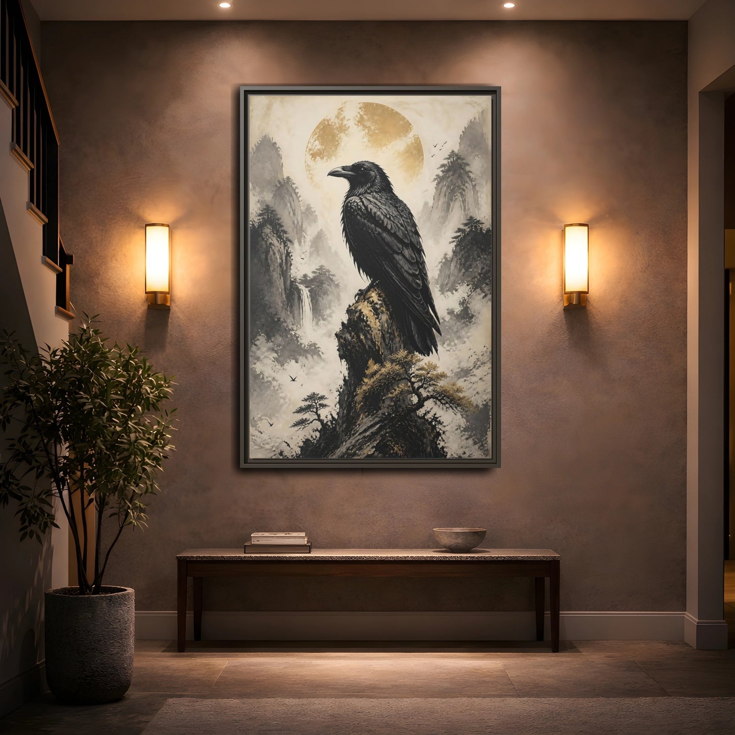 Mockup 2. Birds Raven Raven Golden Mountains shown as stretched canvas wall art