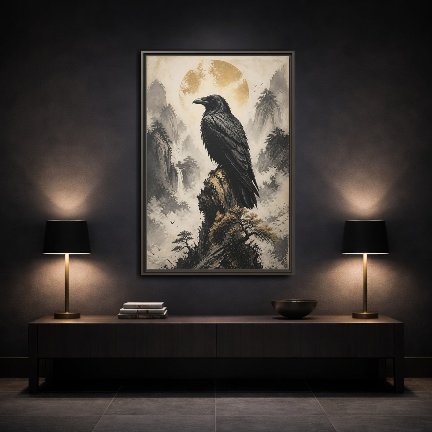 Mockup 3. Birds Raven Raven Golden Mountains shown as stretched canvas wall art