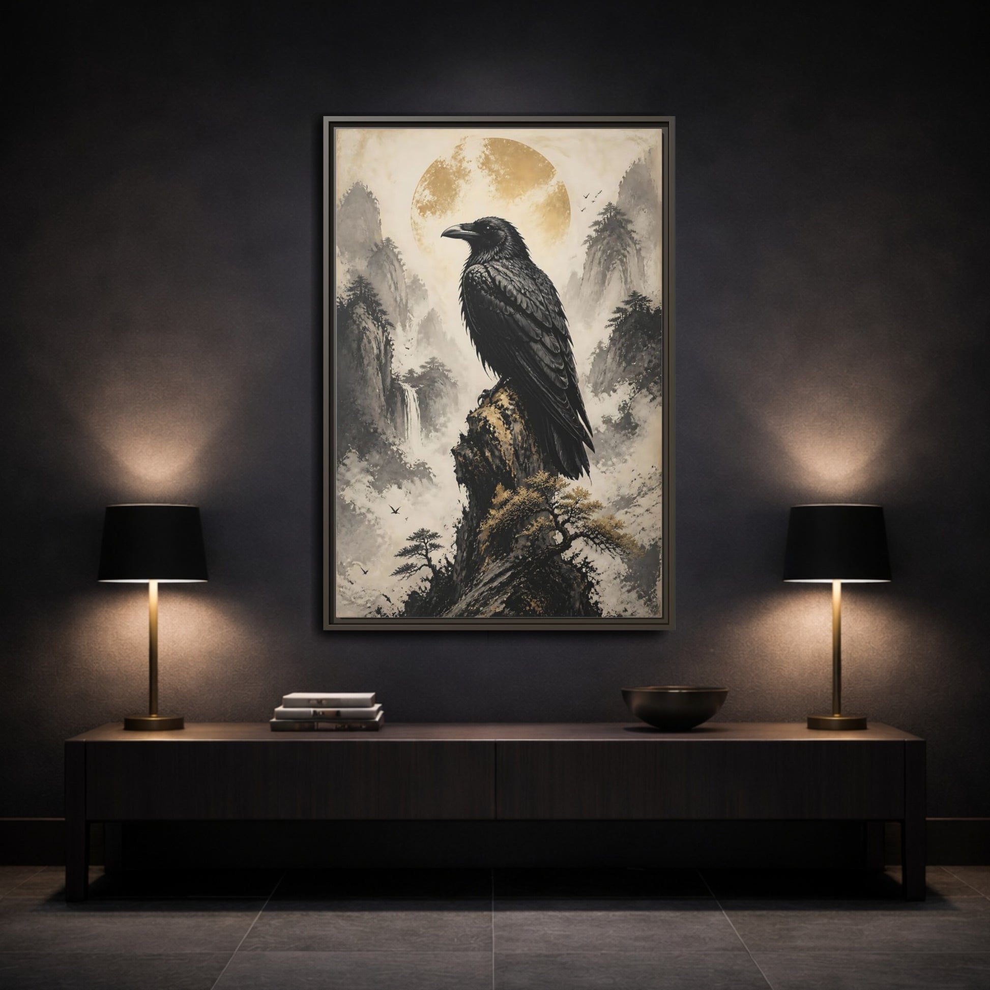 Mockup 3. Birds Raven Raven Golden Mountains shown as stretched canvas wall art