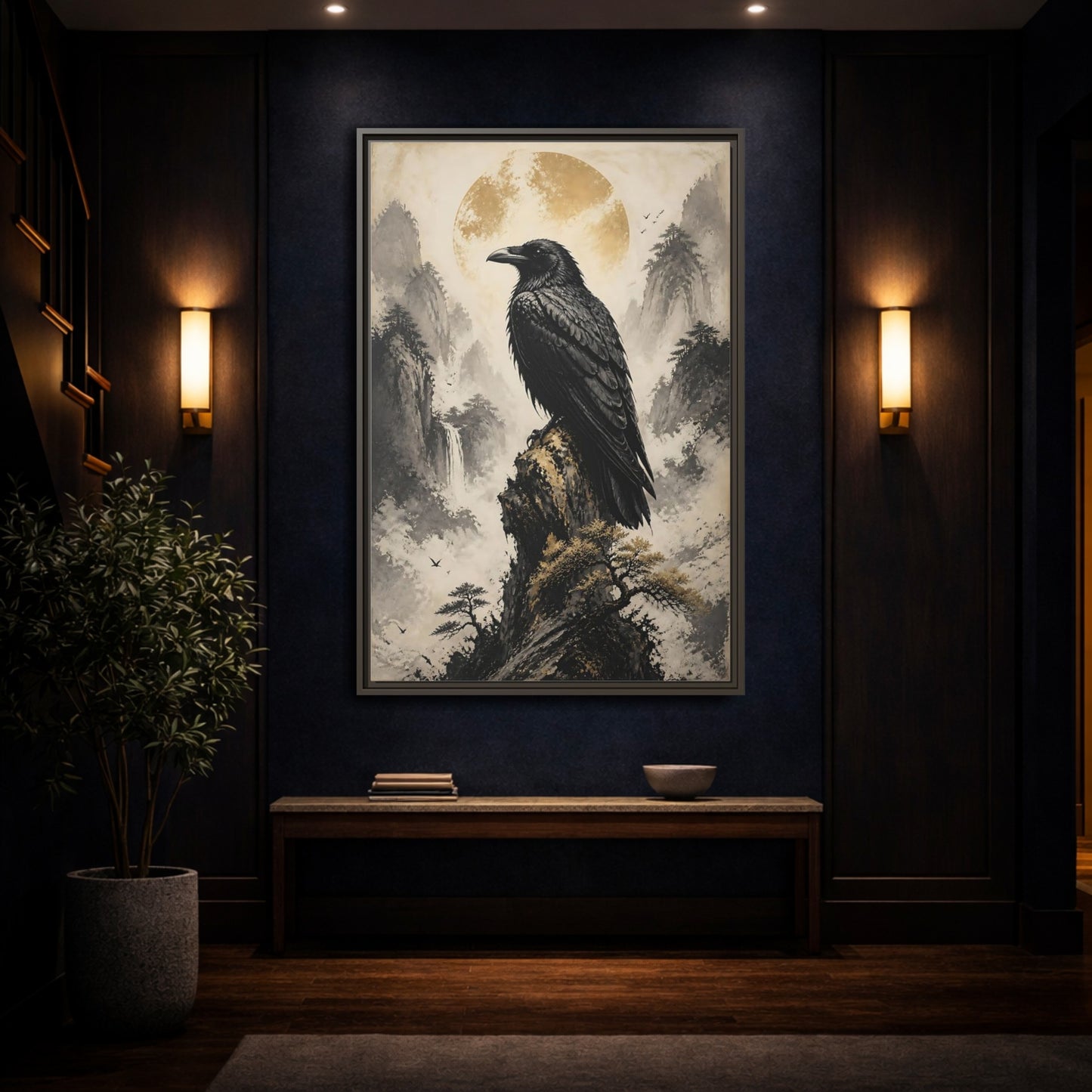 Mockup 4. Birds Raven Raven Golden Mountains shown as stretched canvas wall art