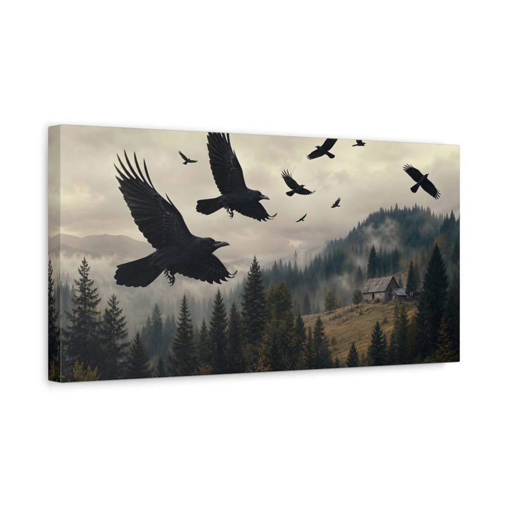 Side Mockup 3. Birds Ravens Dark Ravens Forest shown as stretched canvas wall art