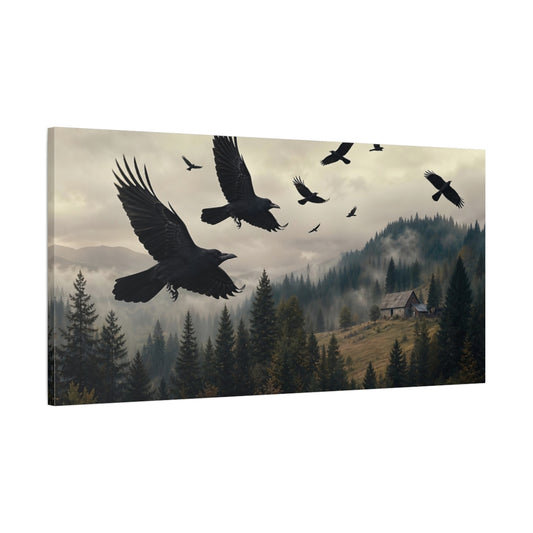 Main Mockup. Birds Ravens Dark Ravens Forest shown as stretched canvas wall art