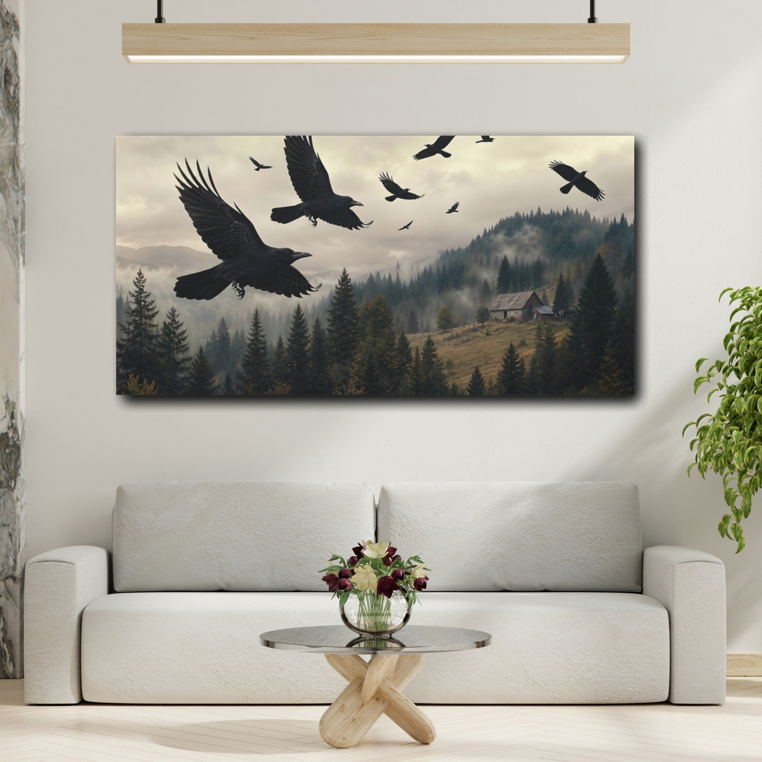 Mockup 2. Birds Ravens Dark Ravens Forest shown as stretched canvas wall art