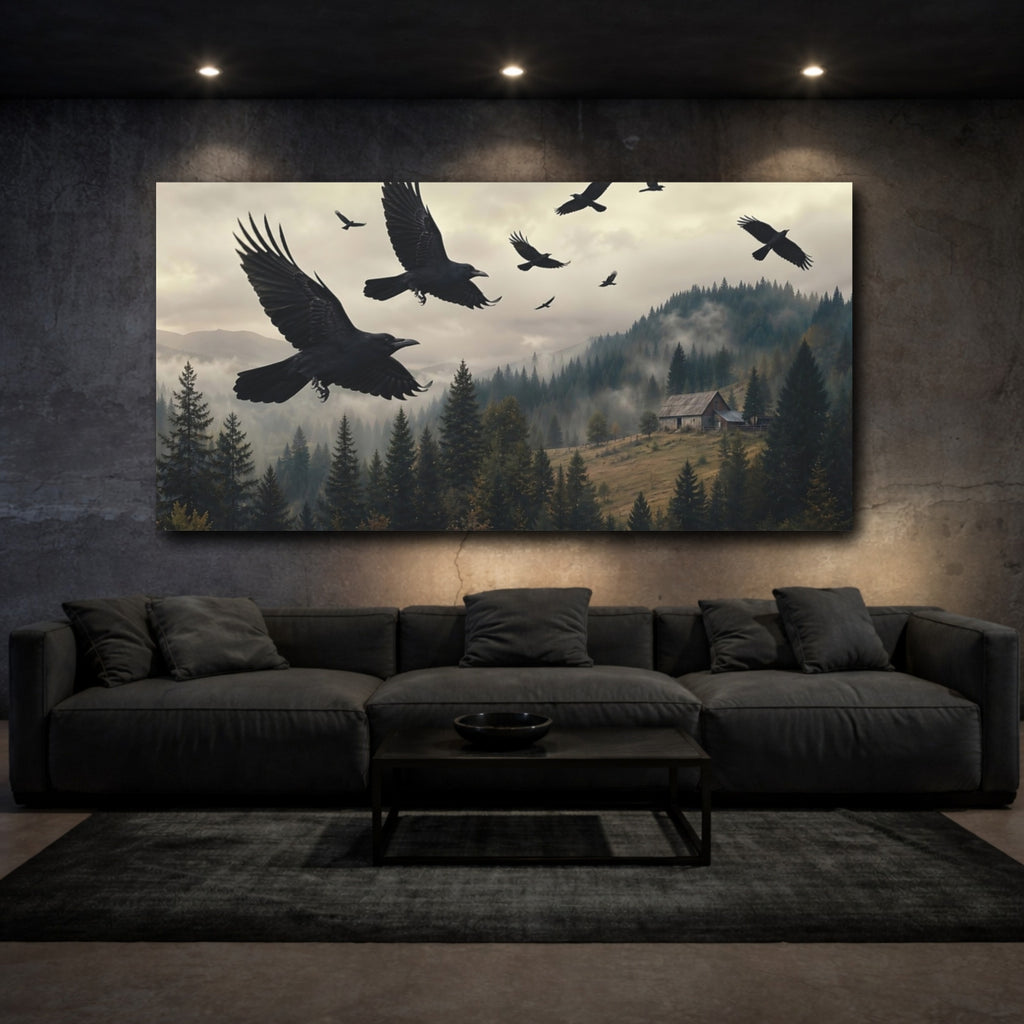 Mockup 3. Birds Ravens Dark Ravens Forest shown as stretched canvas wall art