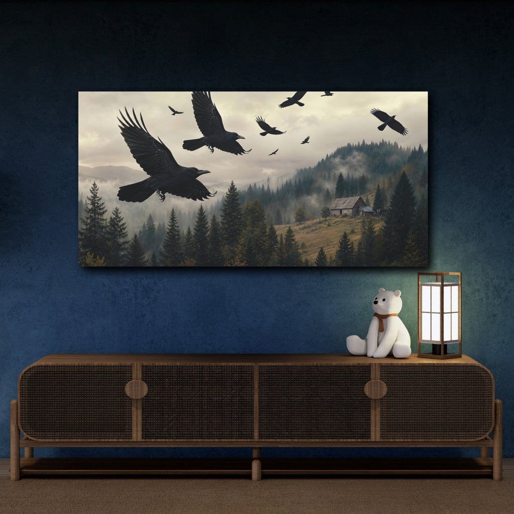 Mockup 4. Birds Ravens Dark Ravens Forest shown as stretched canvas wall art