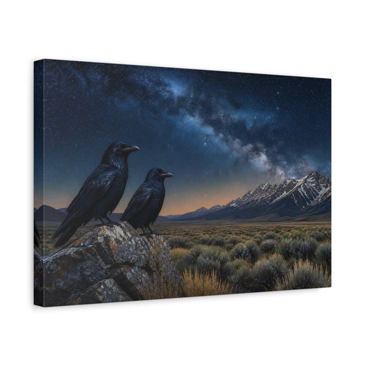 Side Mockup 4. Birds Ravens Night Sky Ravens shown as stretched canvas wall art