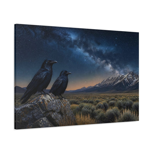 Main Mockup. Birds Ravens Night Sky Ravens shown as stretched canvas wall art