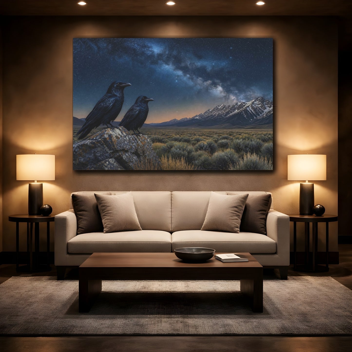Mockup 2. Birds Ravens Night Sky Ravens shown as stretched canvas wall art