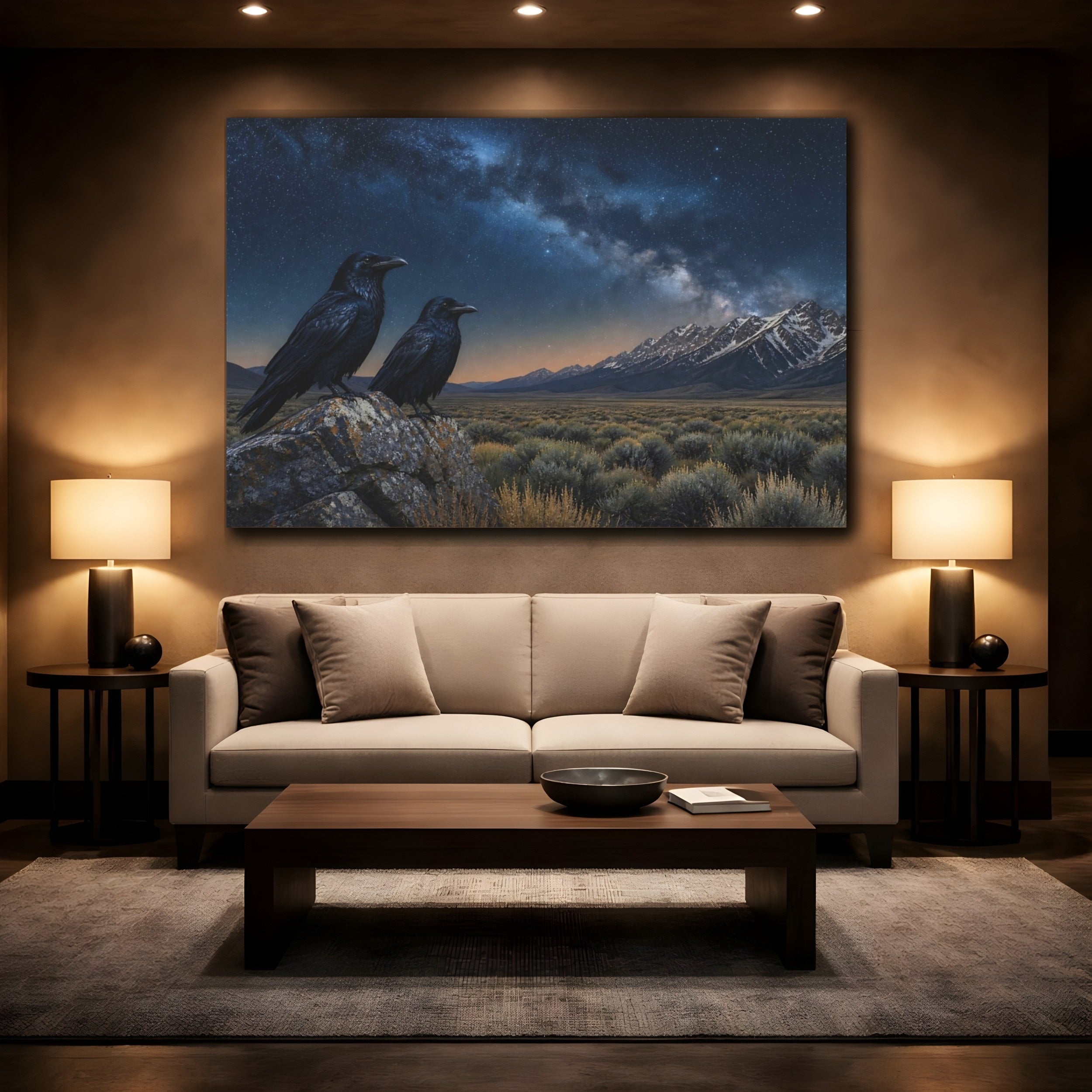 Mockup 2. Birds Ravens Night Sky Ravens shown as stretched canvas wall art