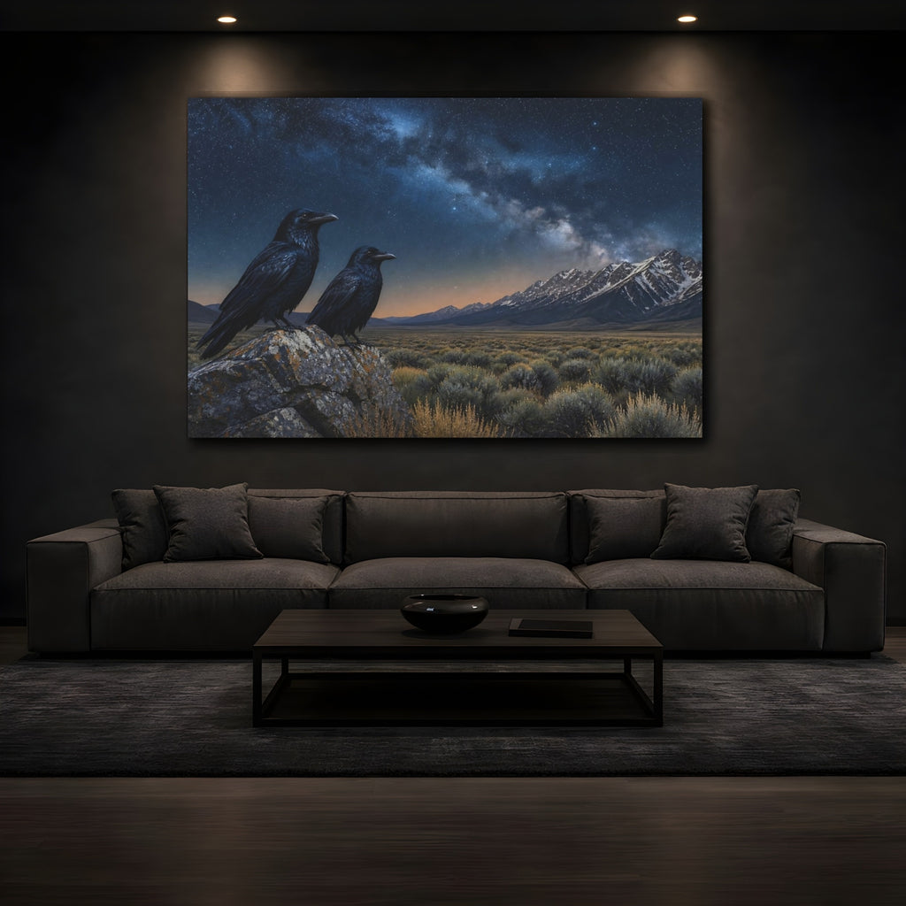 Mockup 3. Birds Ravens Night Sky Ravens shown as stretched canvas wall art