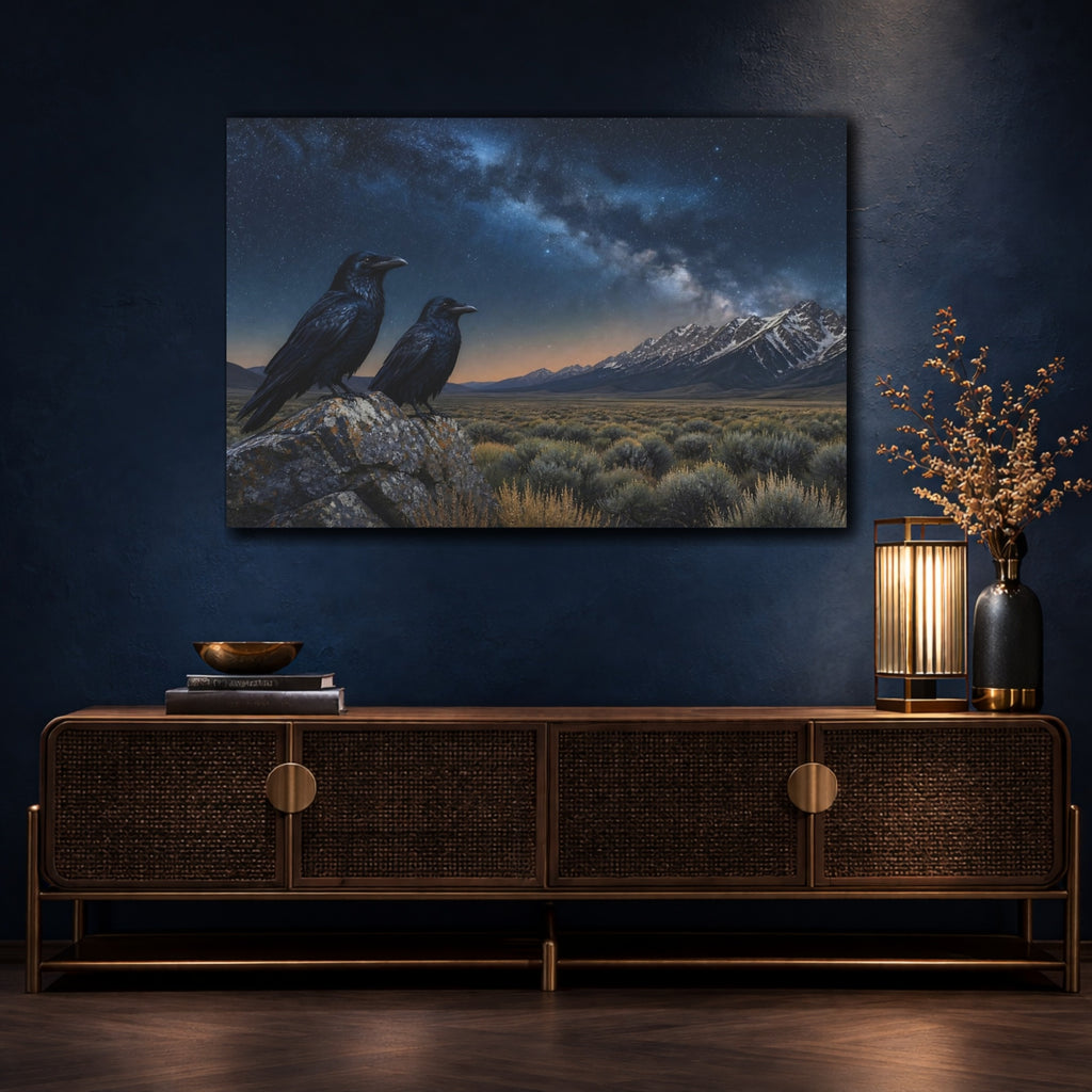 Mockup 4. Birds Ravens Night Sky Ravens shown as stretched canvas wall art