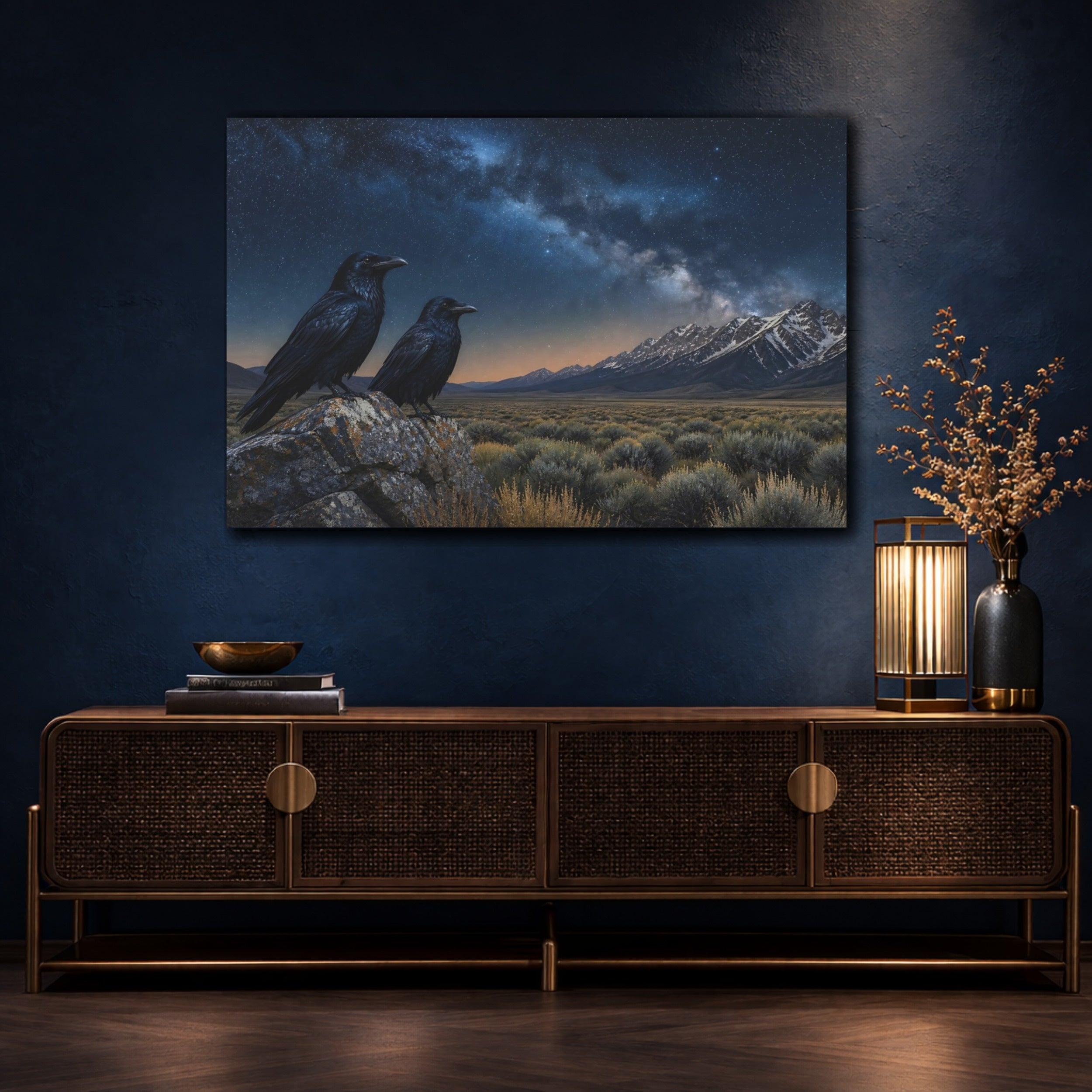 Mockup 4. Birds Ravens Night Sky Ravens shown as stretched canvas wall art