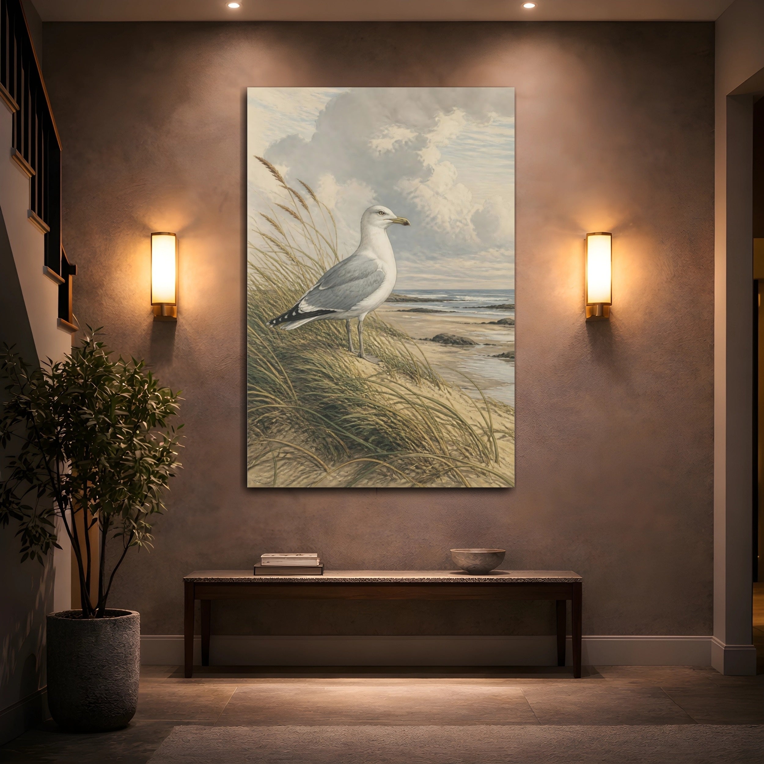 Mockup 2. Birds Seagull Coastal Bird shown as stretched canvas wall art