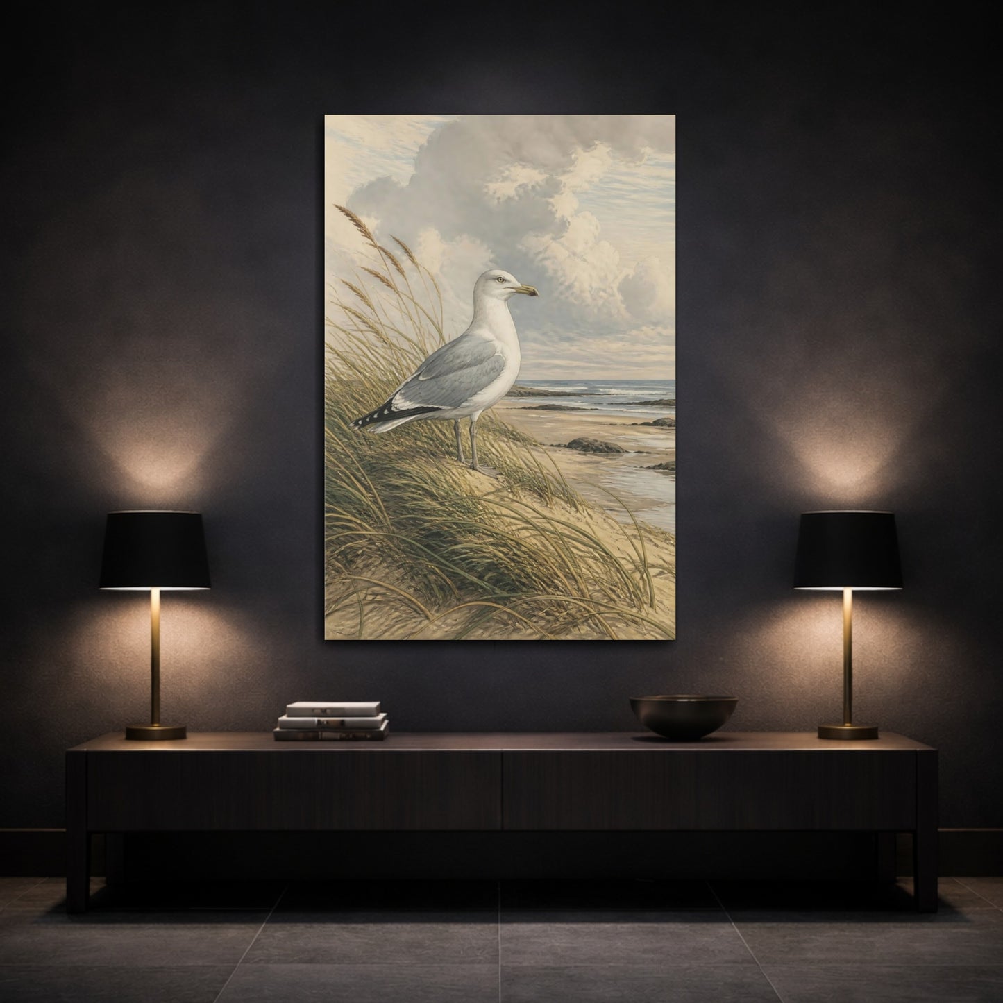Mockup 3. Birds Seagull Coastal Bird shown as stretched canvas wall art