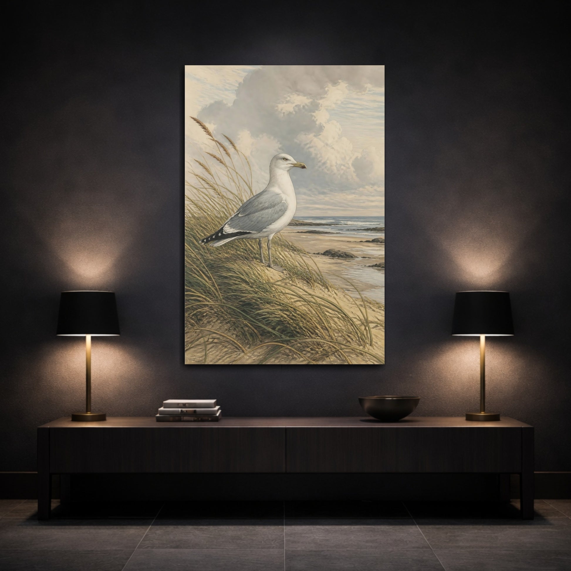 Mockup 3. Birds Seagull Coastal Bird shown as stretched canvas wall art