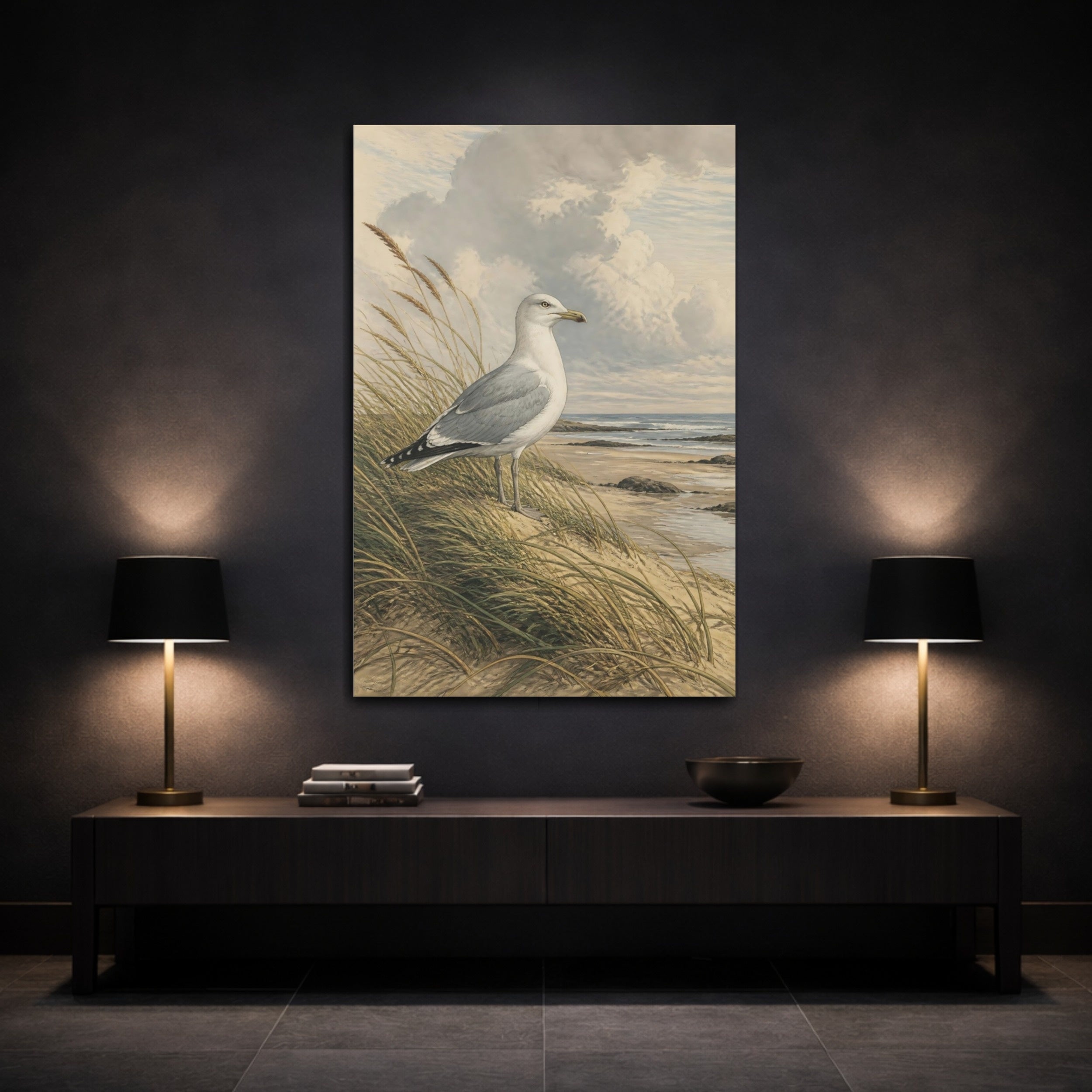 Mockup 3. Birds Seagull Coastal Bird shown as stretched canvas wall art