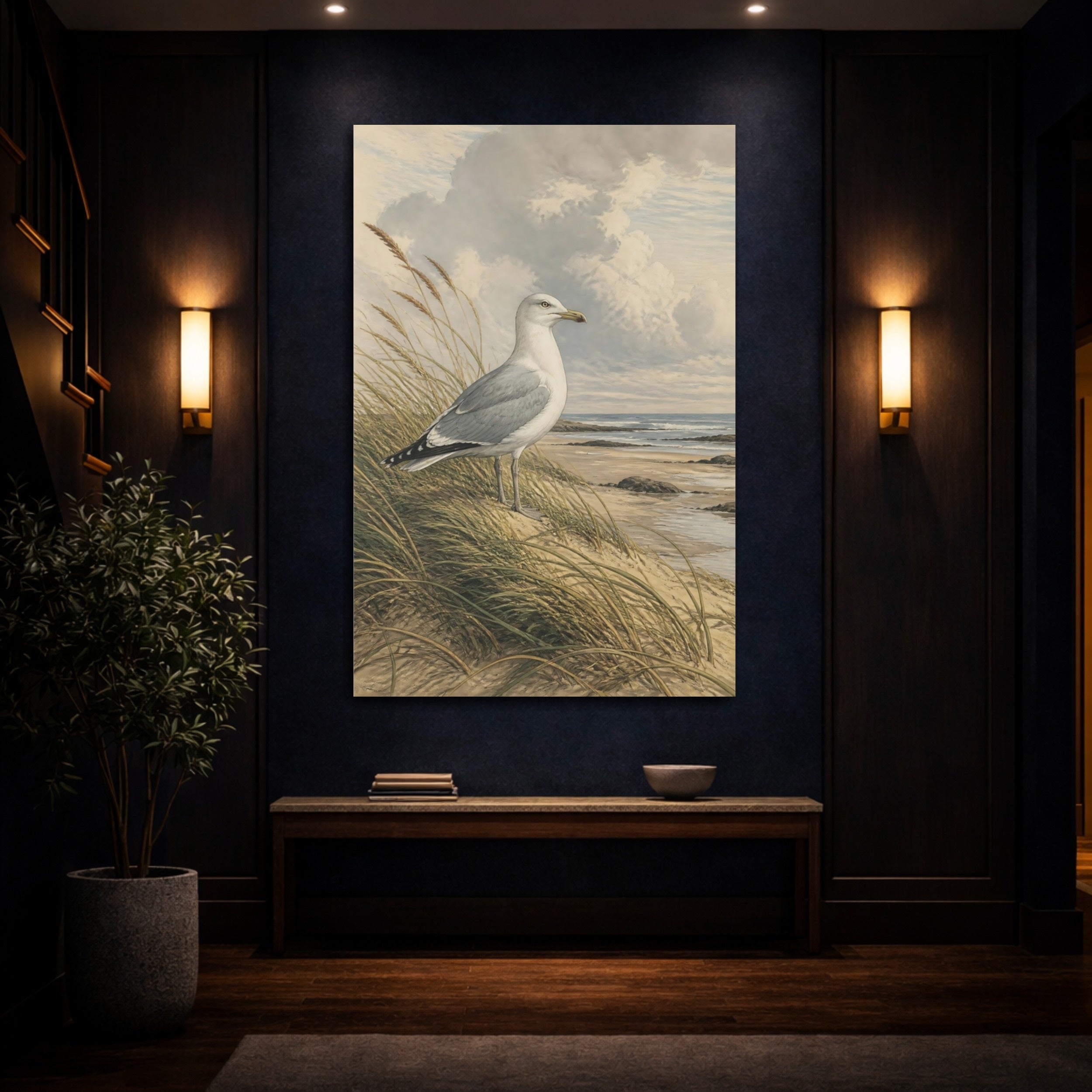 Mockup 4. Birds Seagull Coastal Bird shown as stretched canvas wall art