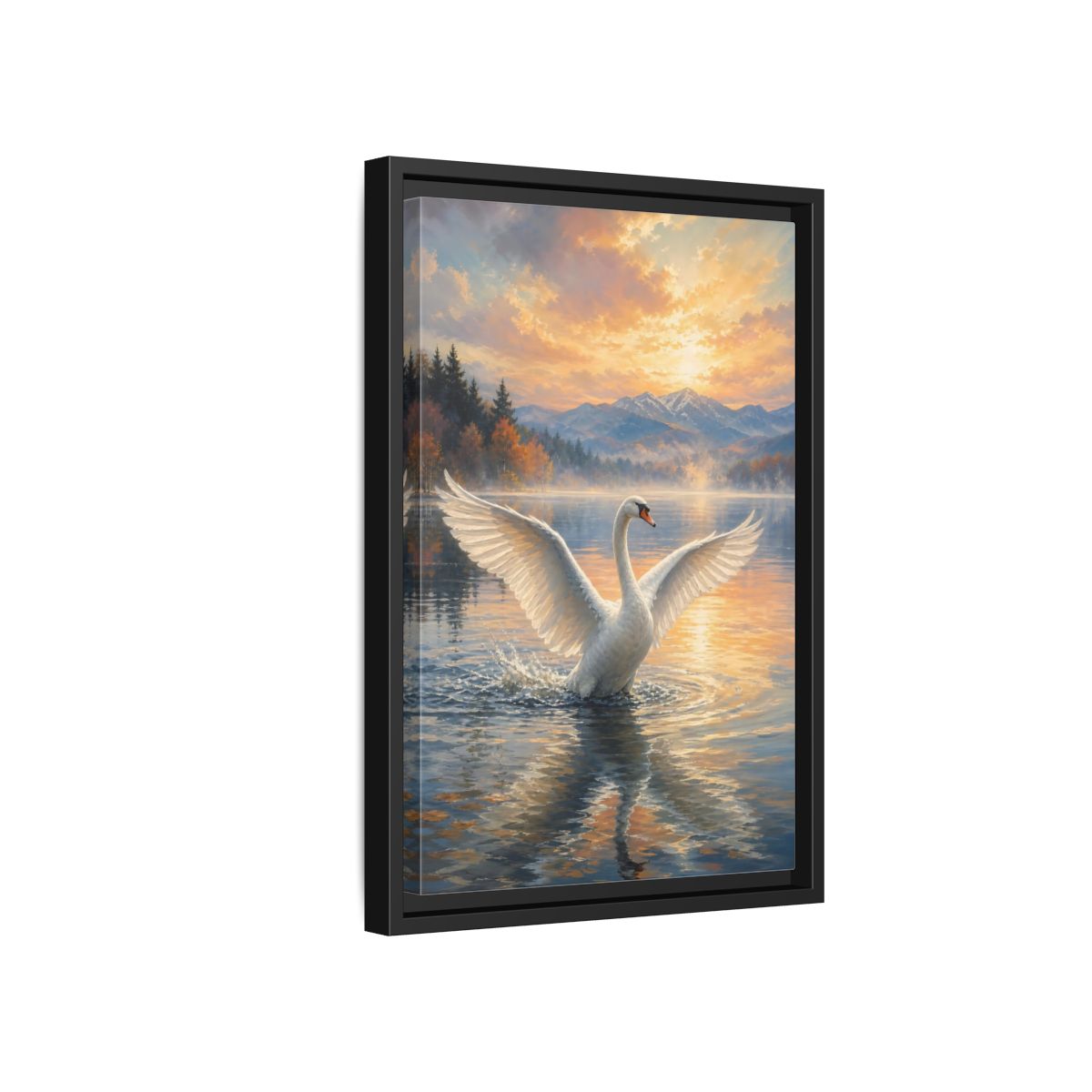 Side Mockup 6. Birds Swan Golden Sunset Swan shown as stretched canvas wall art