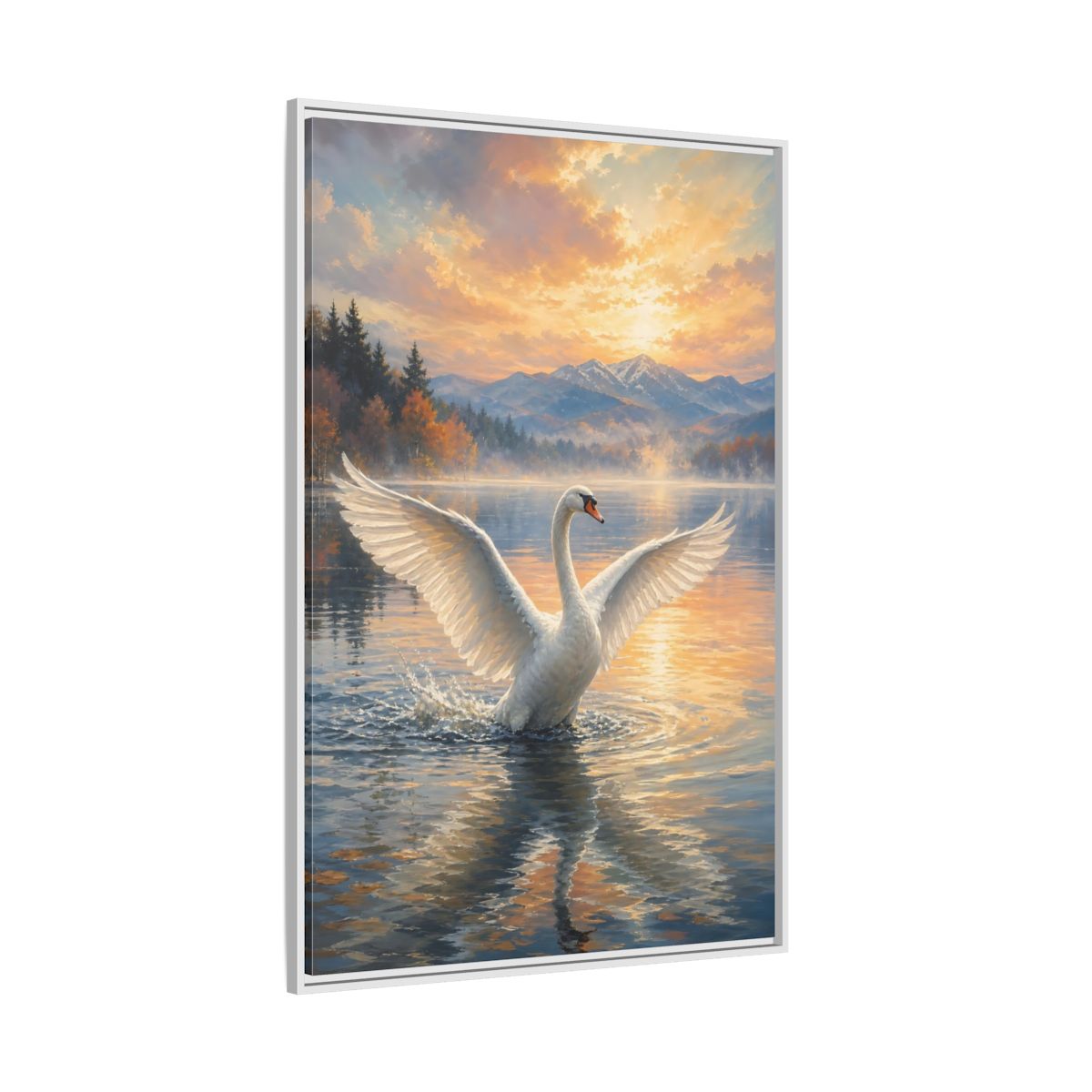 Side Mockup 7. Birds Swan Golden Sunset Swan shown as stretched canvas wall art
