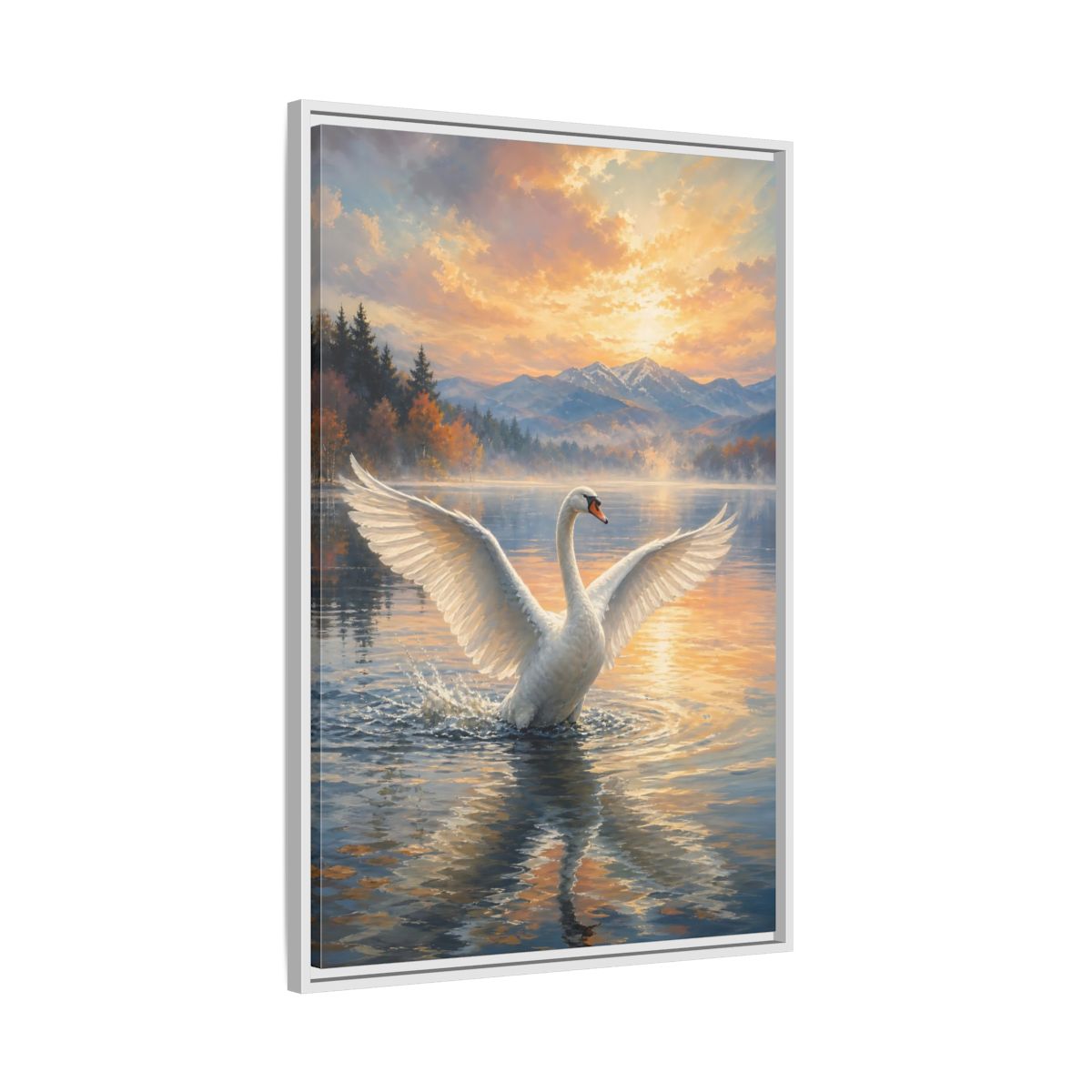 Side Mockup 9. Birds Swan Golden Sunset Swan shown as stretched canvas wall art
