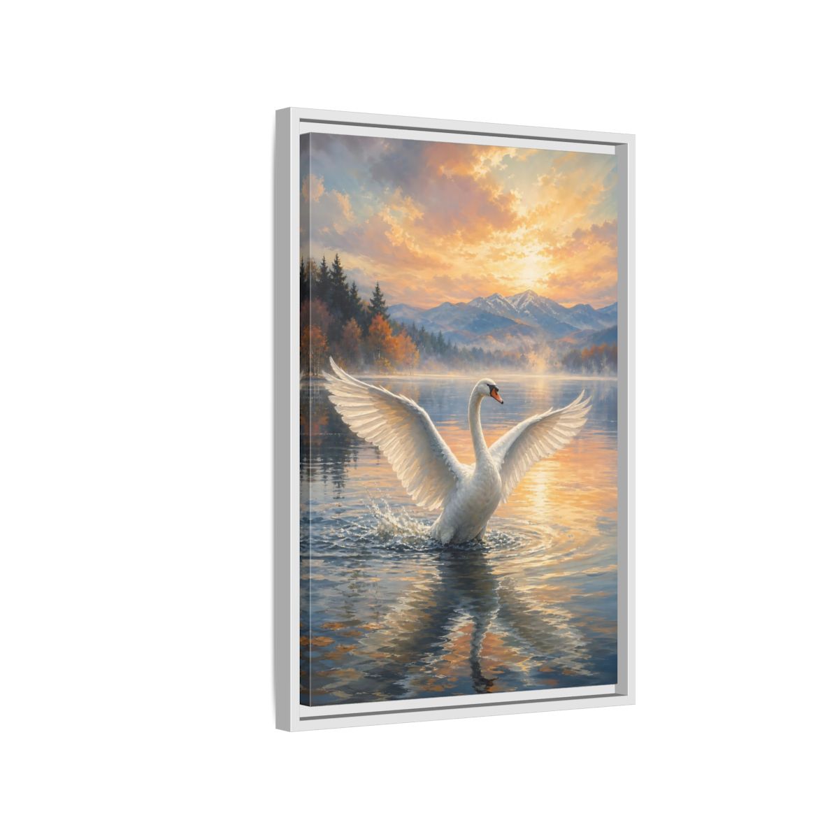 Side Mockup 1. Birds Swan Golden Sunset Swan shown as stretched canvas wall art