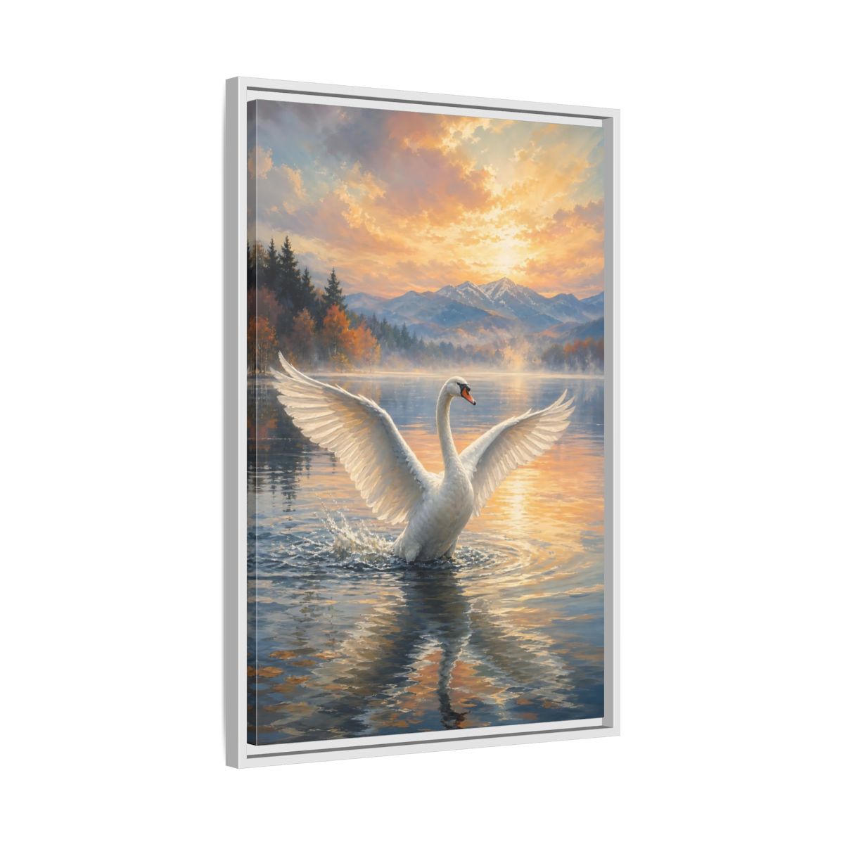 Side Mockup 10. Birds Swan Golden Sunset Swan shown as stretched canvas wall art